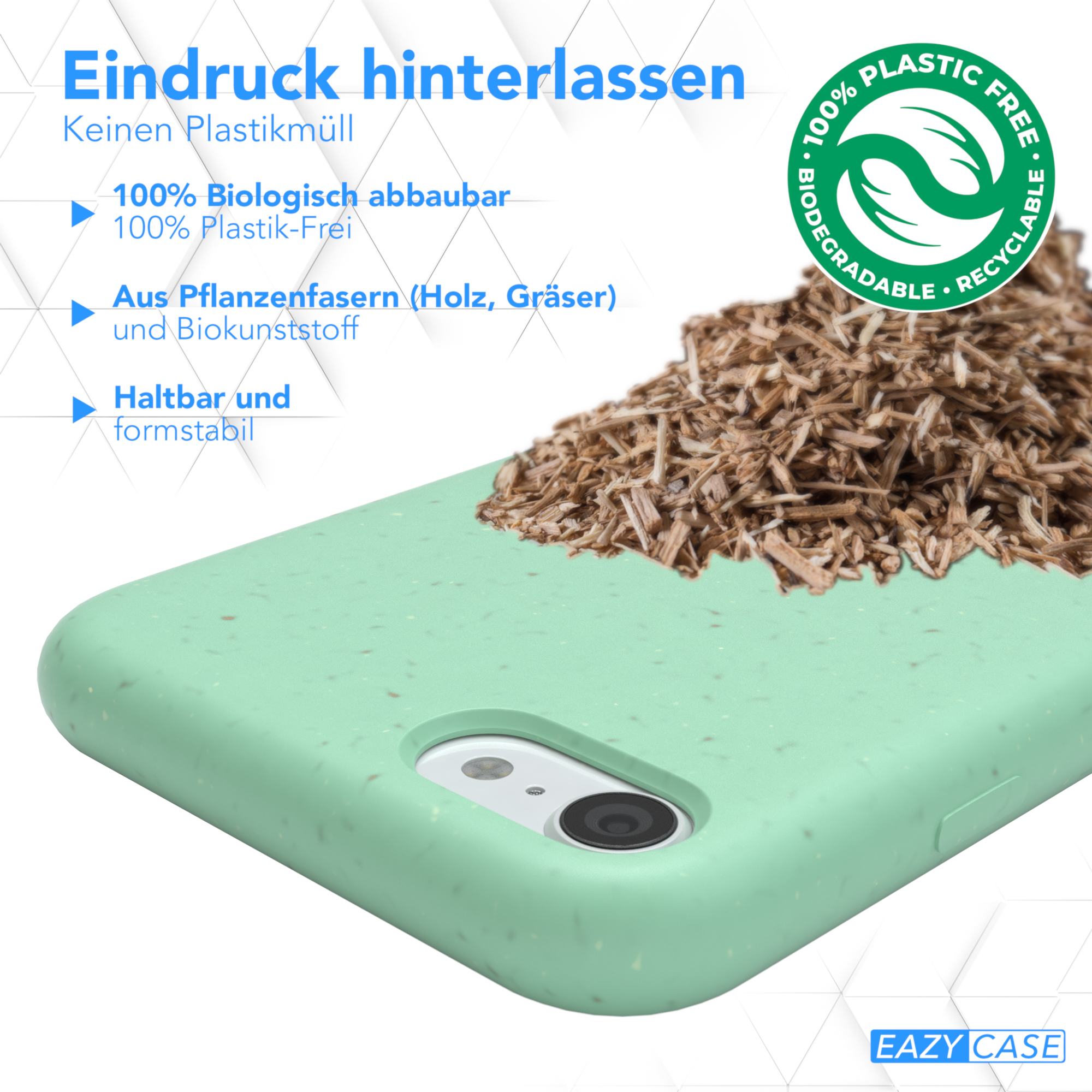 Minzgrüne Handyhülle mit Holzfasern, kunststofffreiem, biologisch abbaubarem Design.