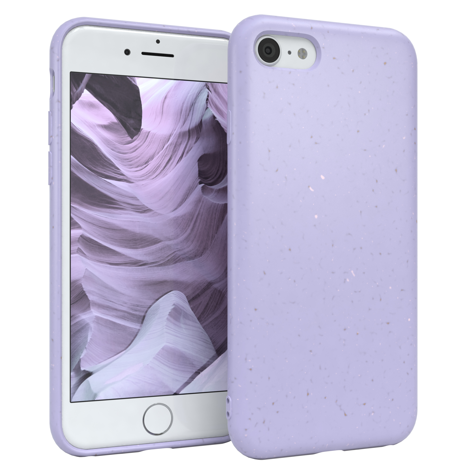 Ein helllila Telefon mit passender Hülle. Im Hintergrund ist ein Steincanyon zu sehen.