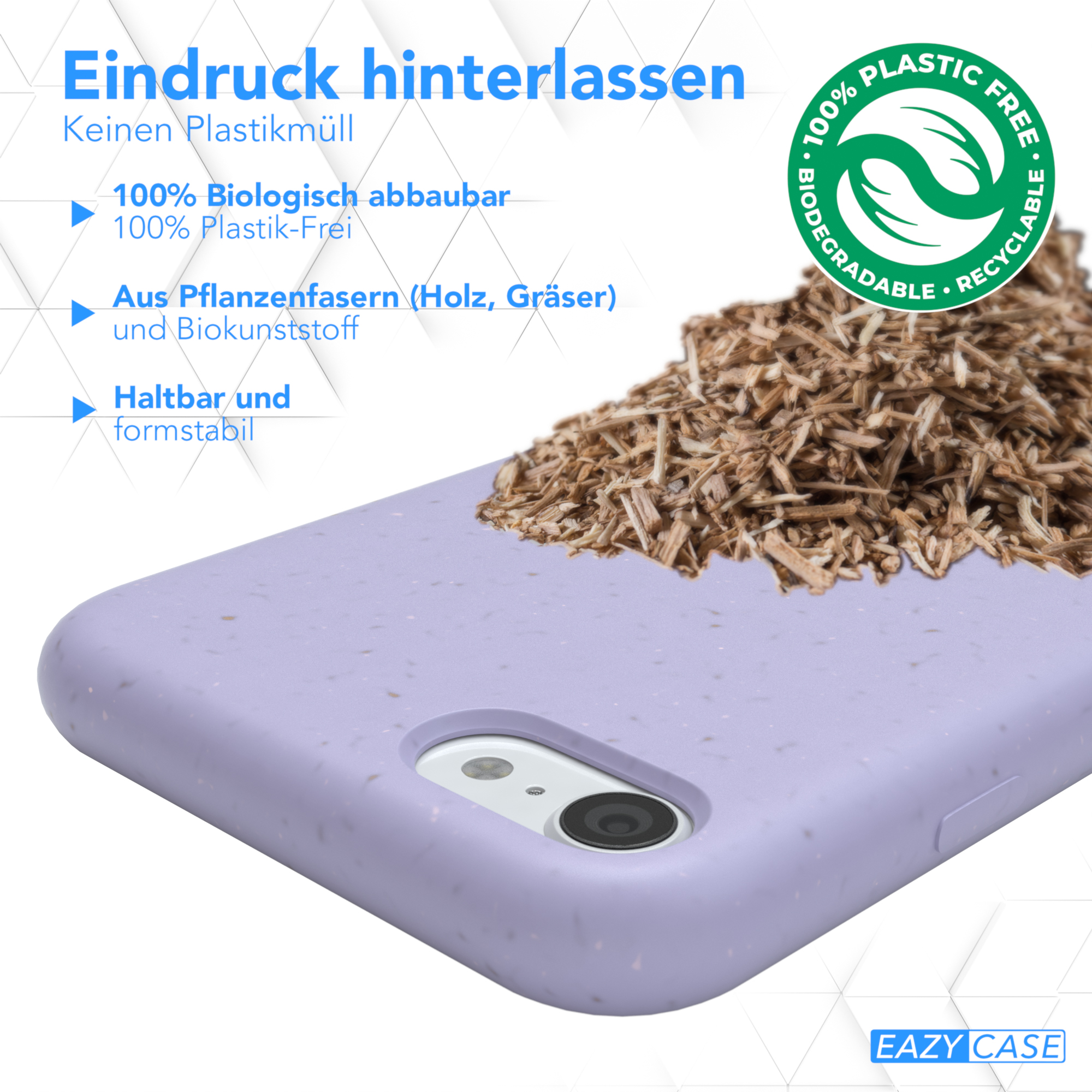 Lila Handyhülle mit Holzspänen und Text über Plastikfreiheit und biologische Abbaubarkeit.