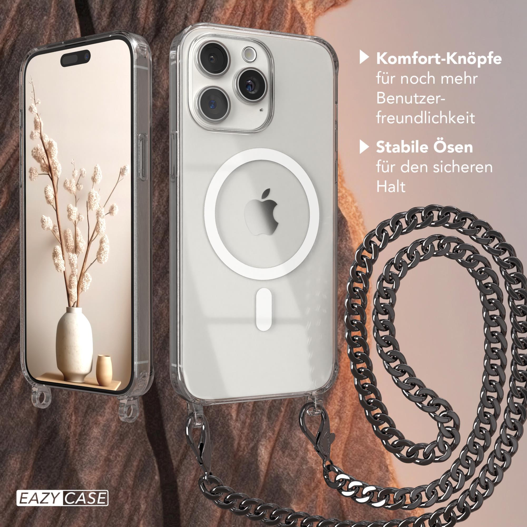 Transparente Handyhülle mit iPhone, Kette. Text: Komforttasten, stabile Ösen, Eazy Case Logo.