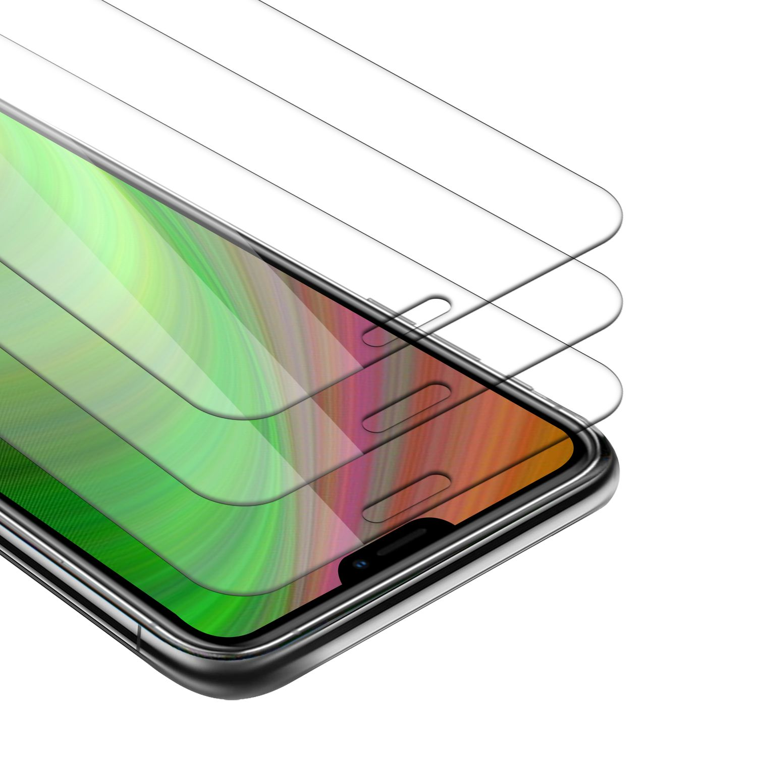 Protezione schermo del telefono su un telefono. Tre protezioni trasparenti sono impilate sopra.