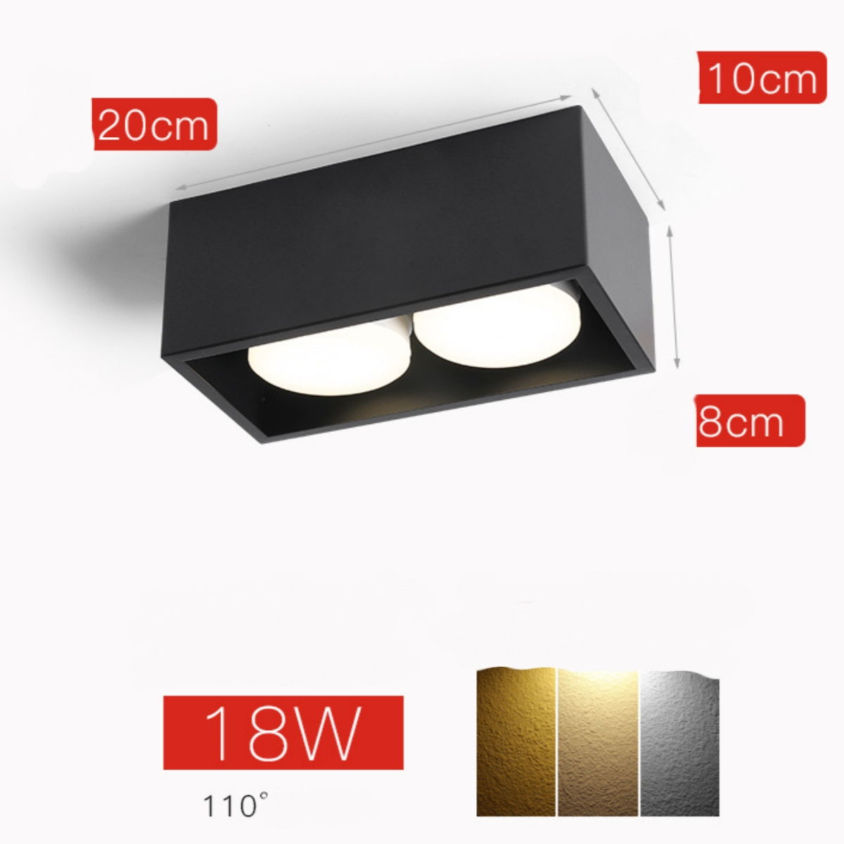 Schwarze rechteckige Lampe mit zwei Lichtern, Abmessungen und Wattzahl.
