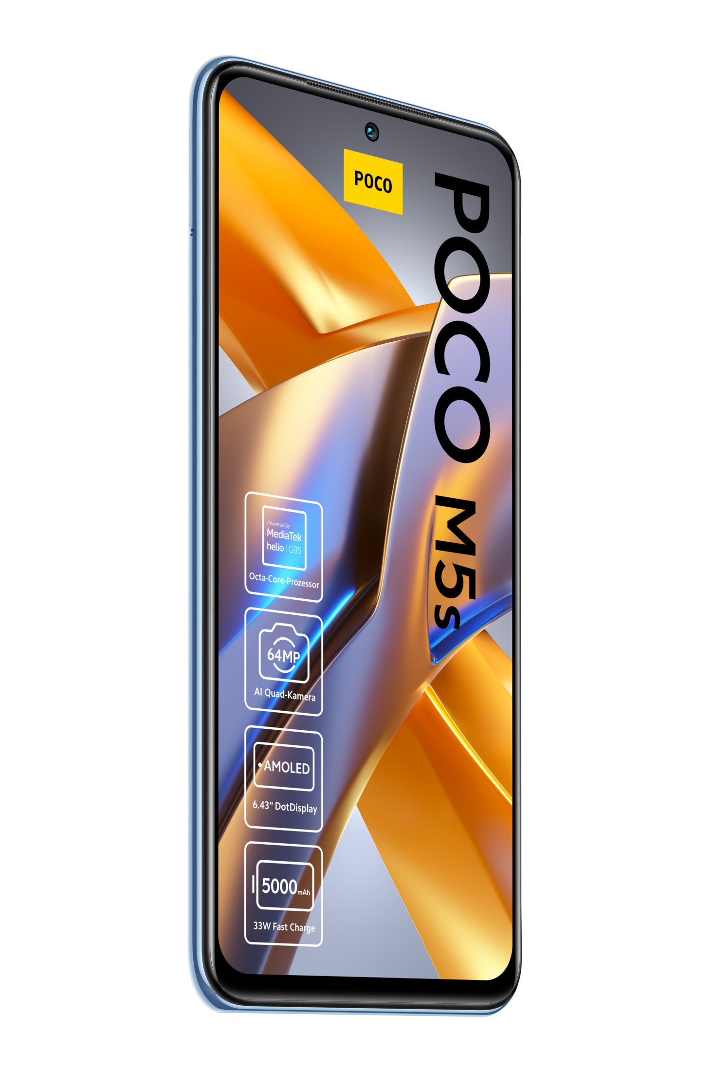 Smartphone mit blauem Rahmen. Es hat ein POCO-Logo und einen Bildschirm mit Spezifikationen und Funktionen.
