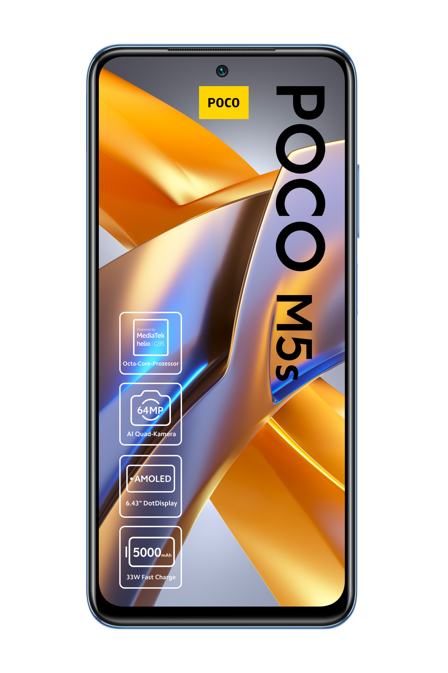 Poco M5s Telefon auf weißem Hintergrund. Bildschirm zeigt Funktionen mit blauem und gelbem Farbschema.