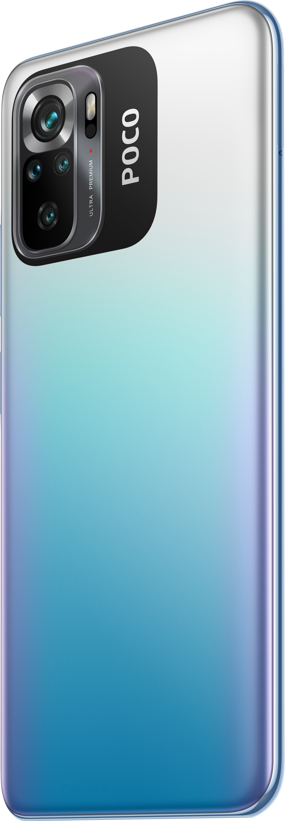 Smartphone-Rückansicht mit blau-weißem Farbverlauf, mehreren Kameras und einem Poco-Logo.