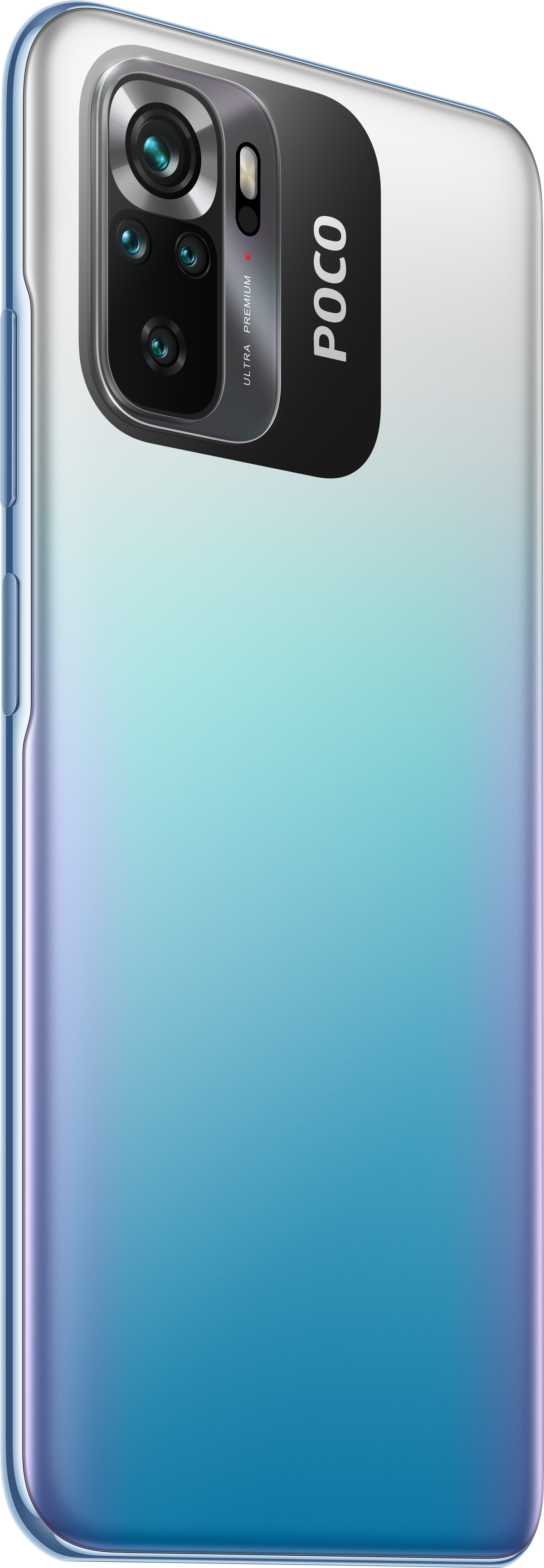 Ein Smartphone mit blauem Farbverlauf auf der Rückseite, Seitenansicht. Die Kamera befindet sich oben links.