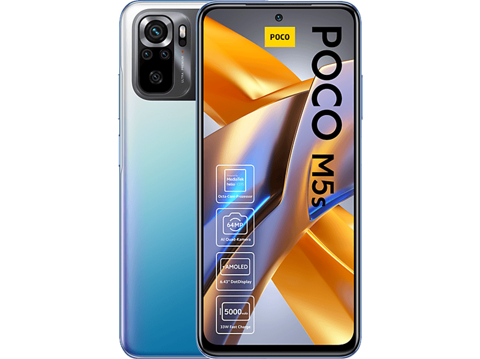 Ein Smartphone mit blauem Farbverlauf auf der Rückseite und einem Bildschirm mit App-Symbolen und POCO M5s-Text.