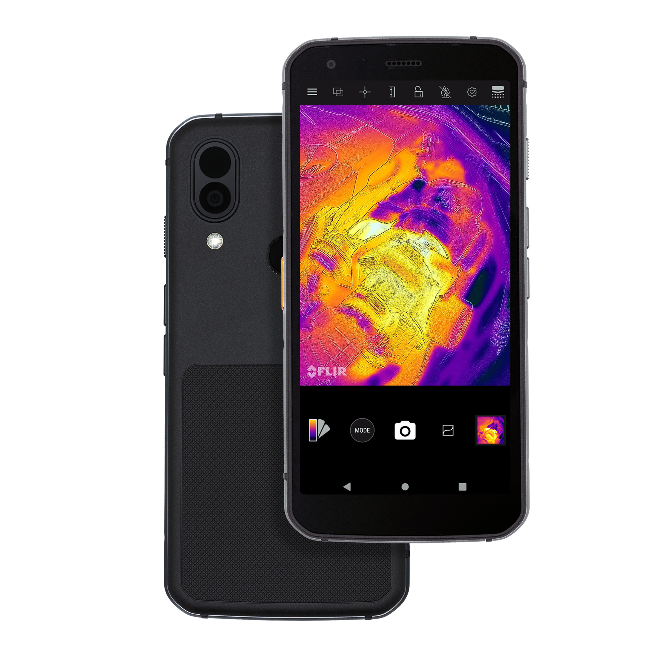 Schwarzes robustes Telefon mit Thermokamera-Display. Zeigt eine Wärmebildkarte. Zwei Telefone, eins mit Bildschirm an.