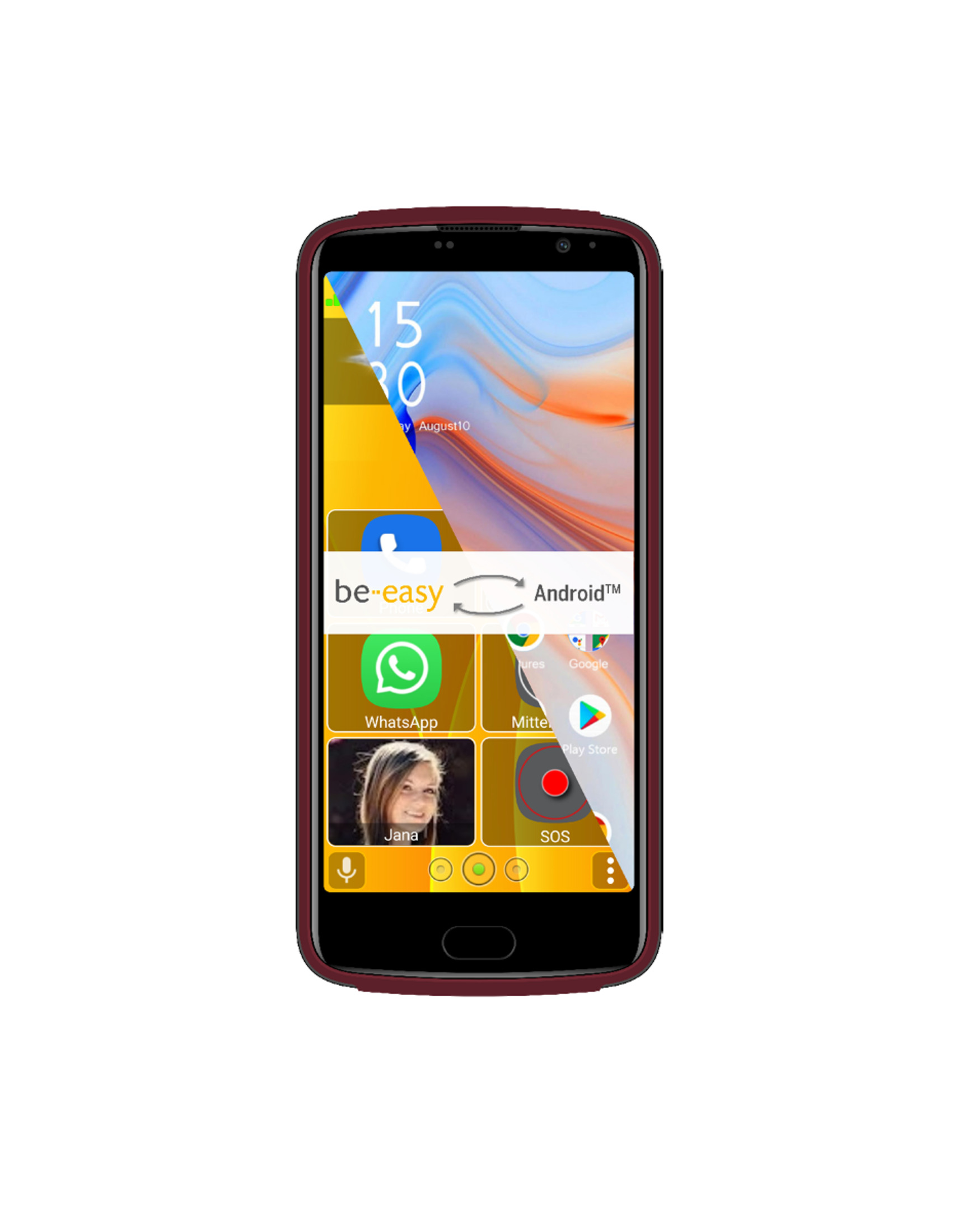 Uno smartphone con interfaccia be-easy, che mostra app e la foto di una donna.