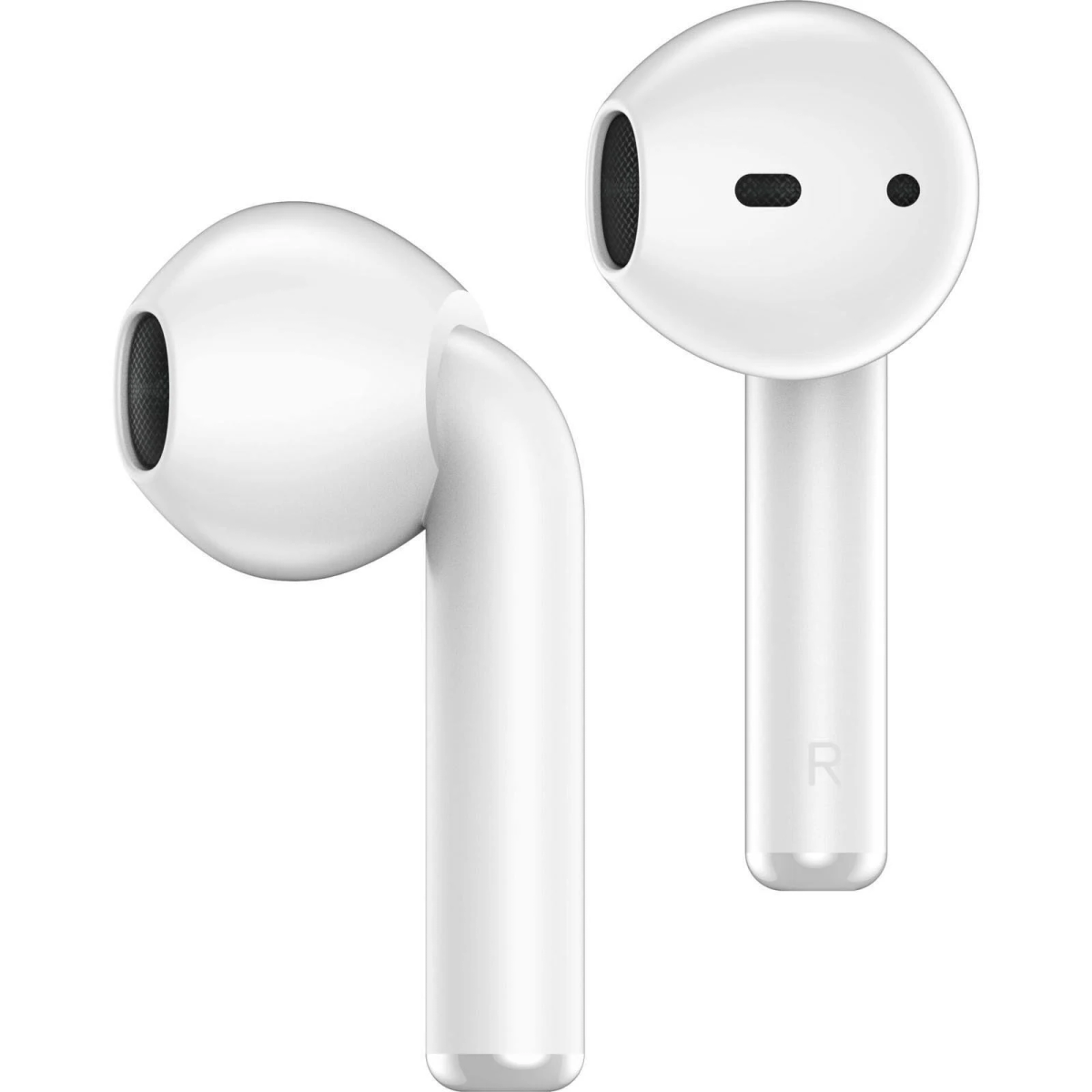 Dwa białe bezprzewodowe słuchawki douszne, ustawione pod kątem dla widoczności. Jeden pokazuje głośnik wewnętrzny.