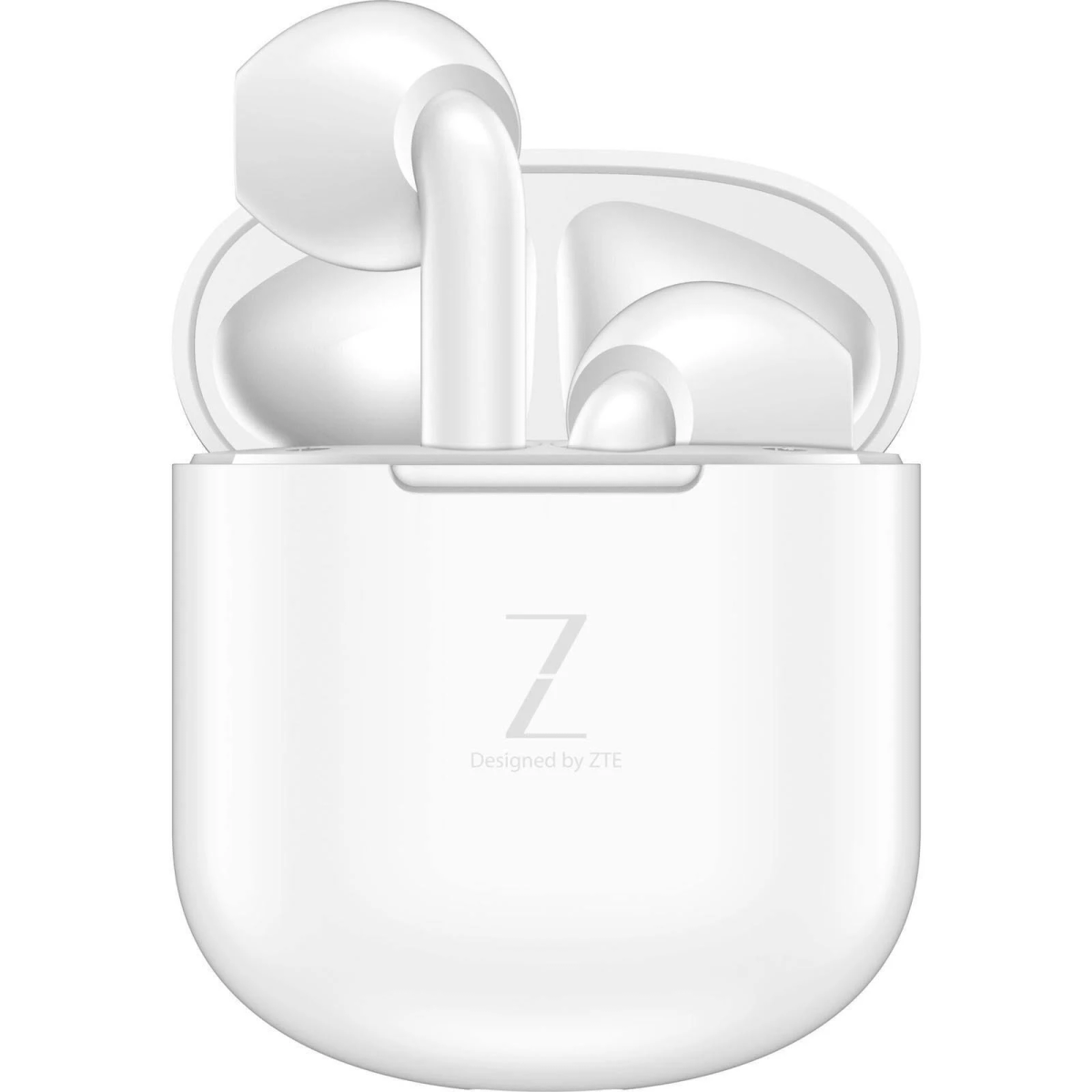 Białe bezprzewodowe słuchawki z etui ładującym. Etui z literą Z i Designed by ZTE.