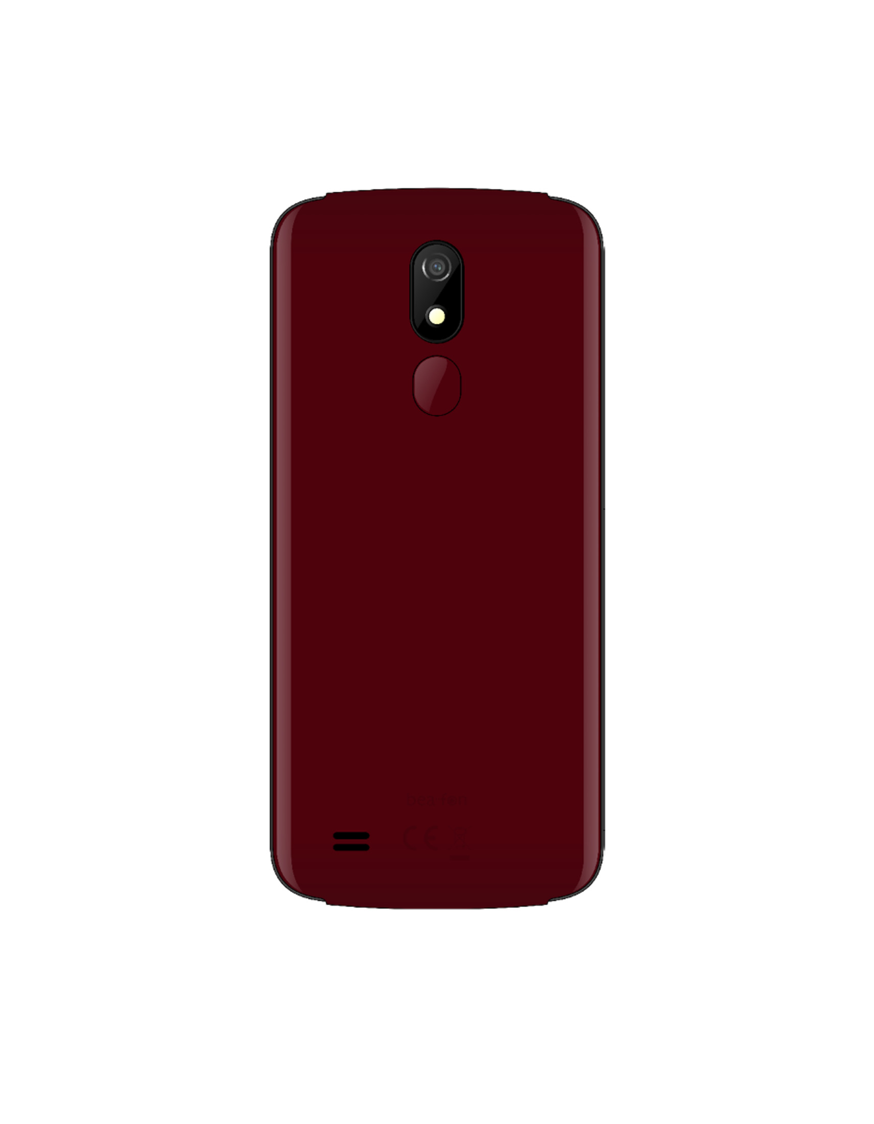 Un telefono bordeaux con una fotocamera e un pulsante sul retro.