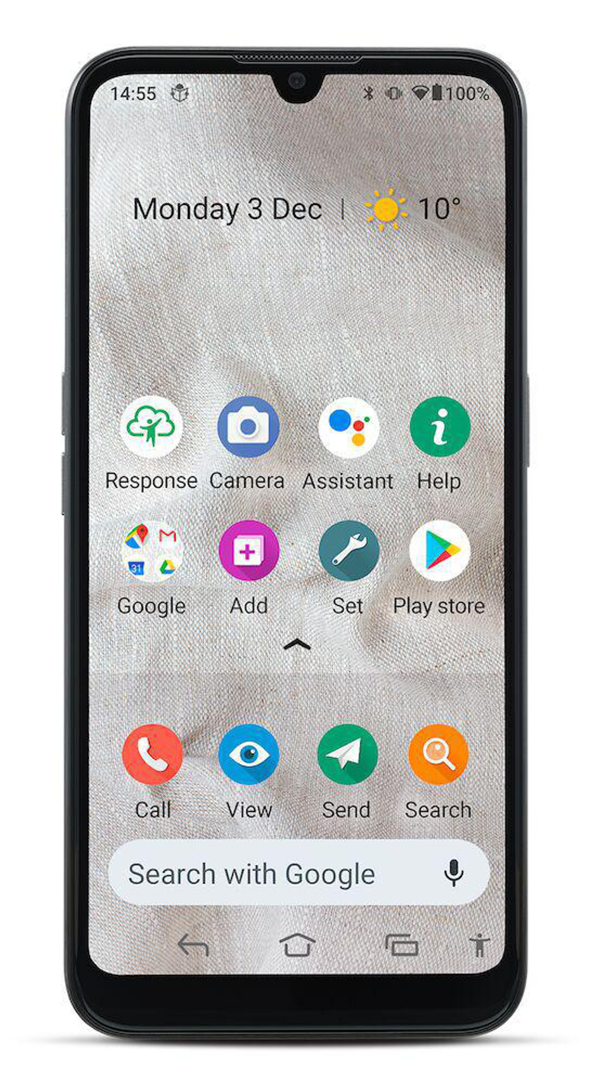 Ein schwarzes Smartphone mit einem Display, das den Startbildschirm mit mehreren App-Symbolen und dem Datum anzeigt.