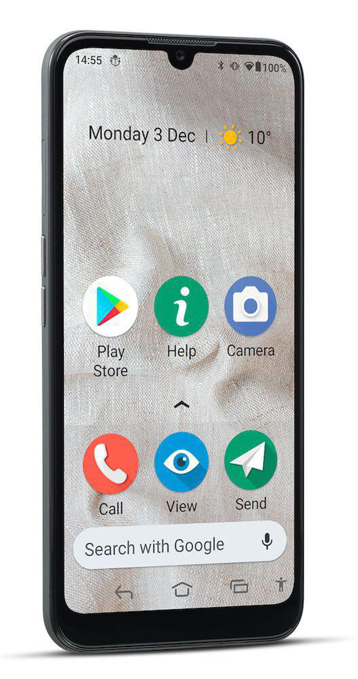 Ein Smartphone zeigt den Startbildschirm mit App-Symbolen und dem Datum oben an.
