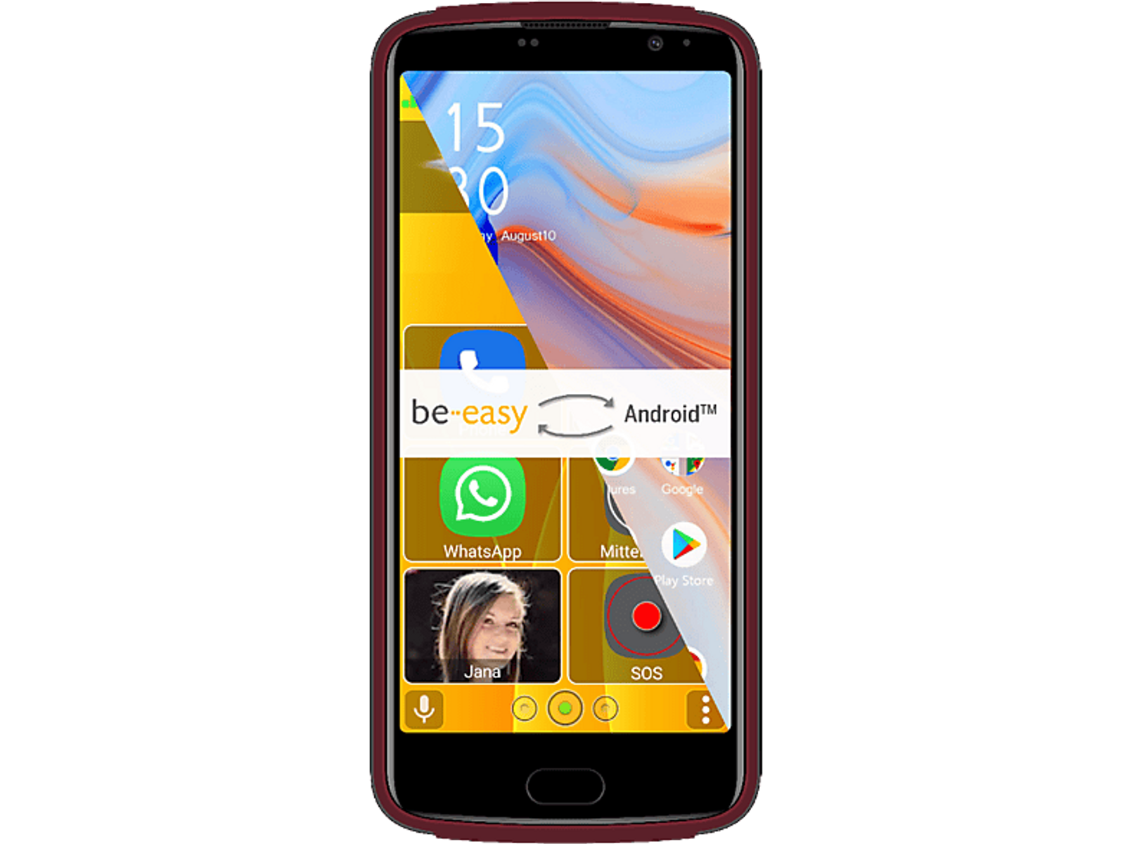 Schermo del telefono con icone delle app e calendario, su bordo rosso scuro.