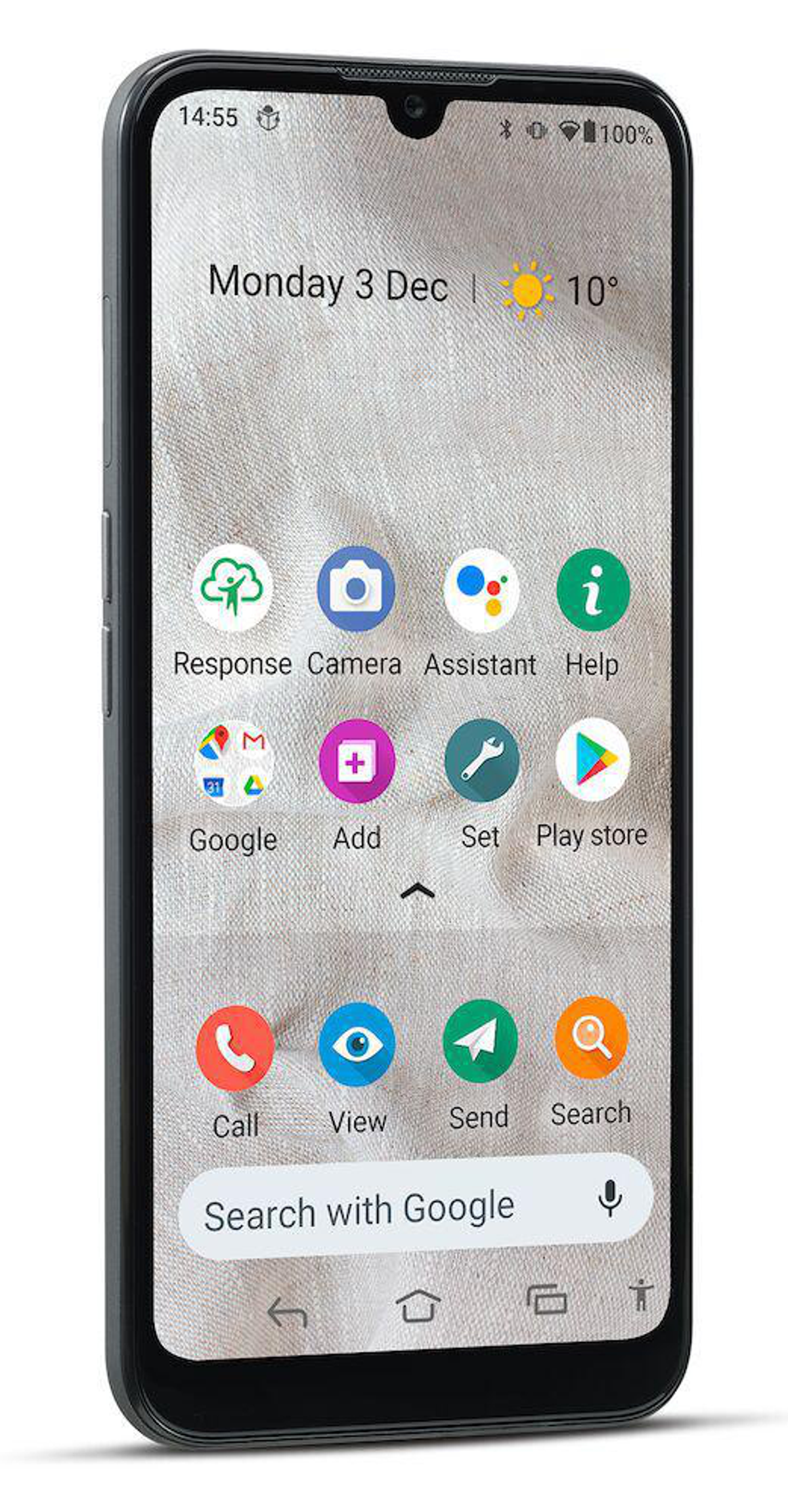 Ein schwarzes Smartphone auf weißer Oberfläche, das den Startbildschirm mit Symbolen anzeigt.