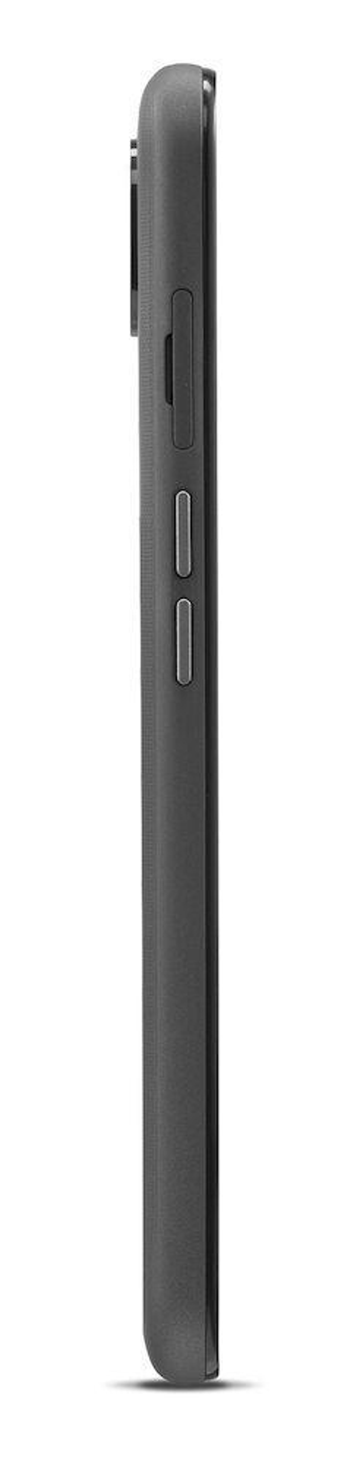 Seitenansicht einer dunkelgrauen Handyhülle mit Knöpfen an der Seite, auf weißem Hintergrund.
