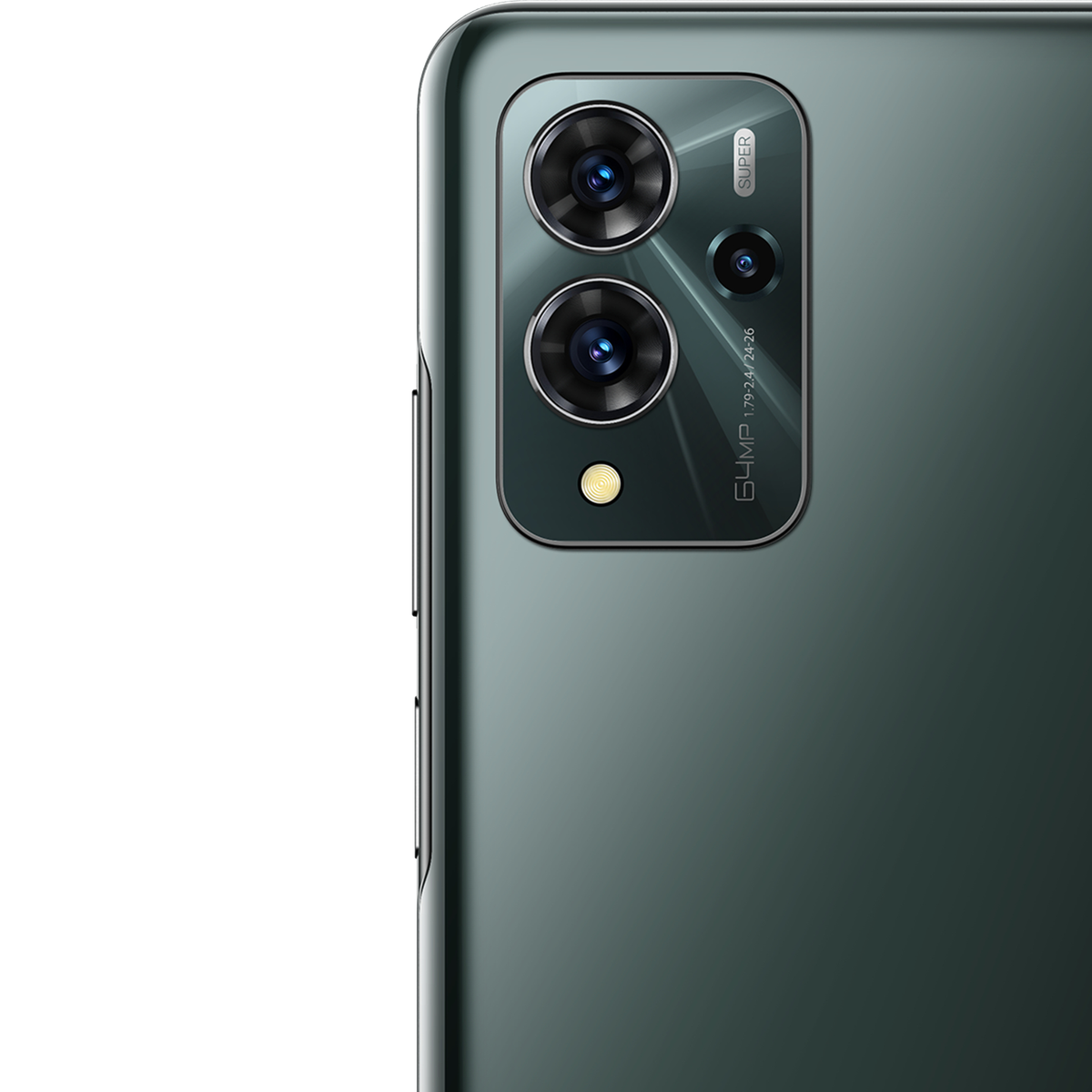 Nahaufnahme des Kamera-Moduls eines grün-grauen Telefons mit drei Linsen und dem Wort 'SUPER'.