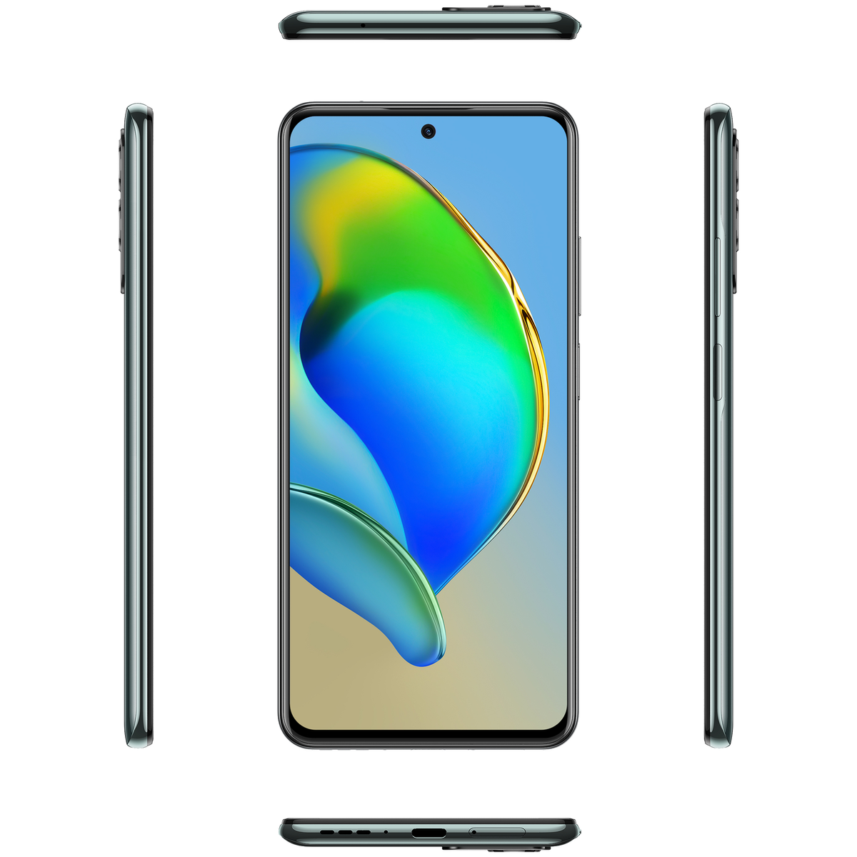 Vorder- und Seitenansicht des Telefons. Frontansicht auf weißem Hintergrund, Seitenansicht zeigt die Form.