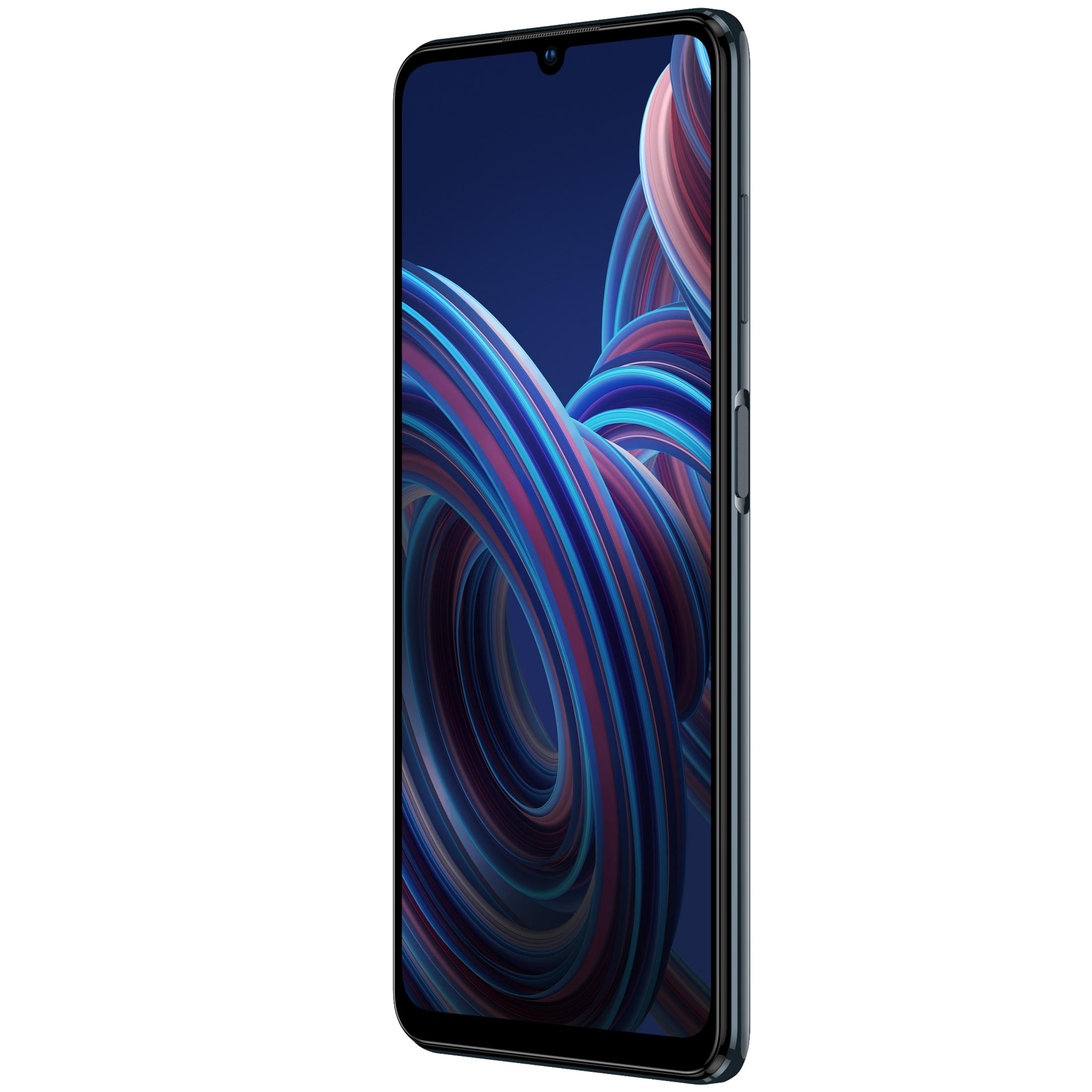 Smartphone mit dunklem Bildschirm, zeigt bunten abstrakten Hintergrund. Telefon ist teal.
