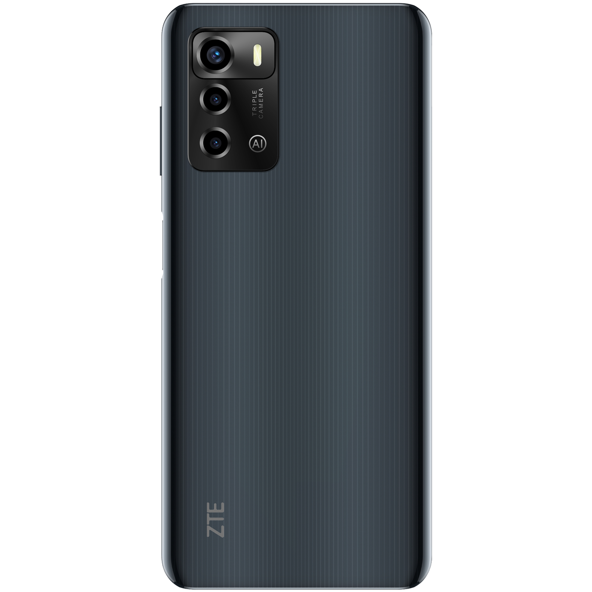 Rückseite eines dunkelgrauen ZTE-Telefons mit Dreifachkamera und dem Text "ZTE".