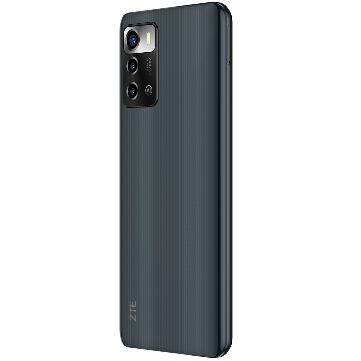 ZTE Smartphone, dunkelgraue Farbe, Dreifachkamera und Logo, Rückseite des Telefons.