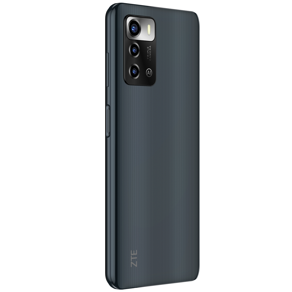 Dunkelgraues Smartphone, Rückansicht, mit Dreifachkamera und ZTE-Logo.