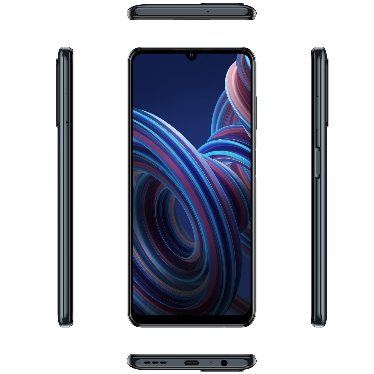Ein Smartphone aus mehreren Blickwinkeln gezeigt. Der Bildschirm zeigt ein farbenfrohes abstraktes Design, vor weißem Hintergrund.