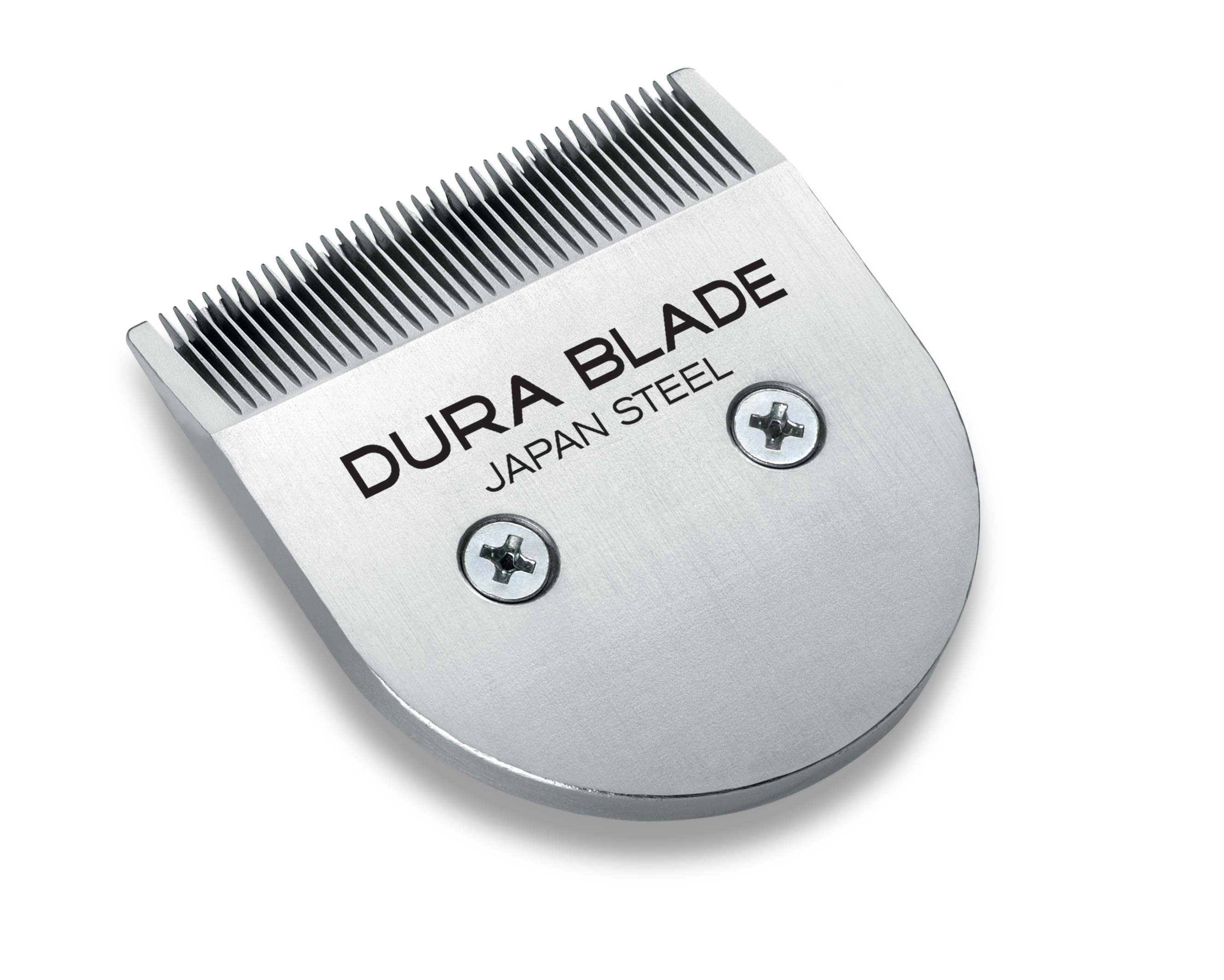 Zbliżenie srebrnego ostrza dura do maszynki do włosów, oznaczonego napisem 'DURA BLADE JAPAN STEEL' na białym tle.