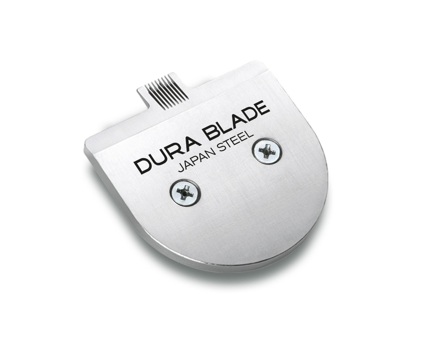 Srebrne ostrze dura do trymera z dwiema śrubami. Tekst brzmi DURA BLADE JAPAN STEEL.