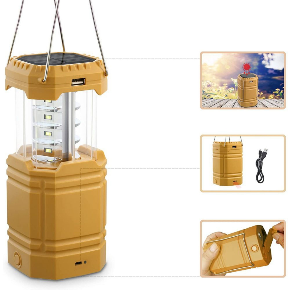 Gelbe Solar-Laterne mit Funktionsdetails und Illustration des Telefonladens.