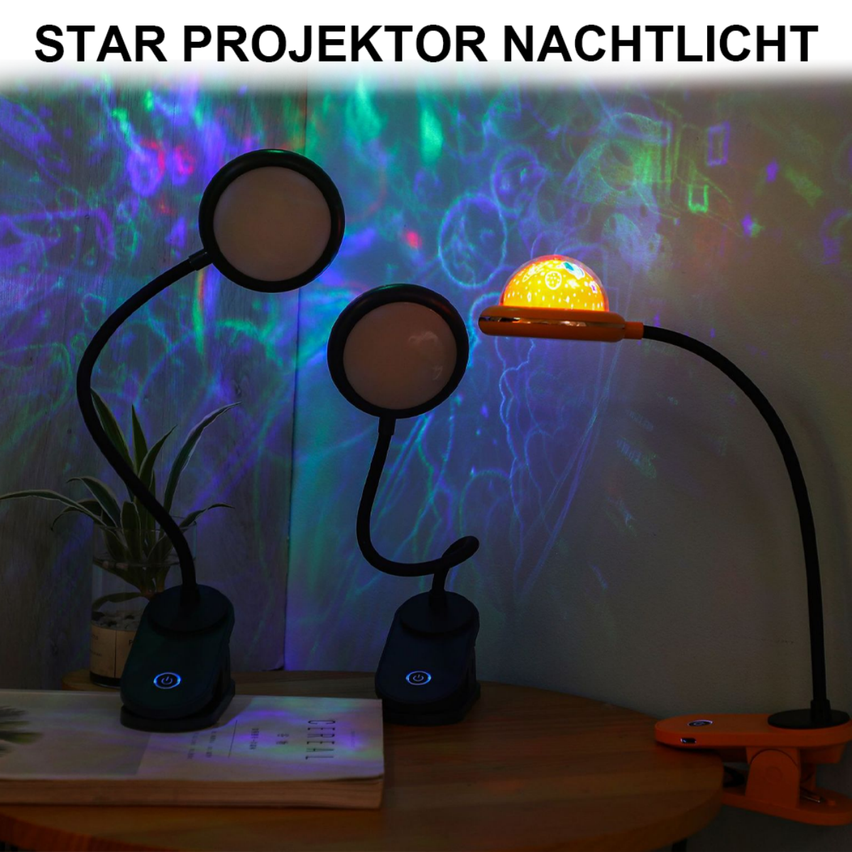 Zwei Clip-on-Lampen auf einem Holztisch. Sie projizieren farbenfrohes Licht.