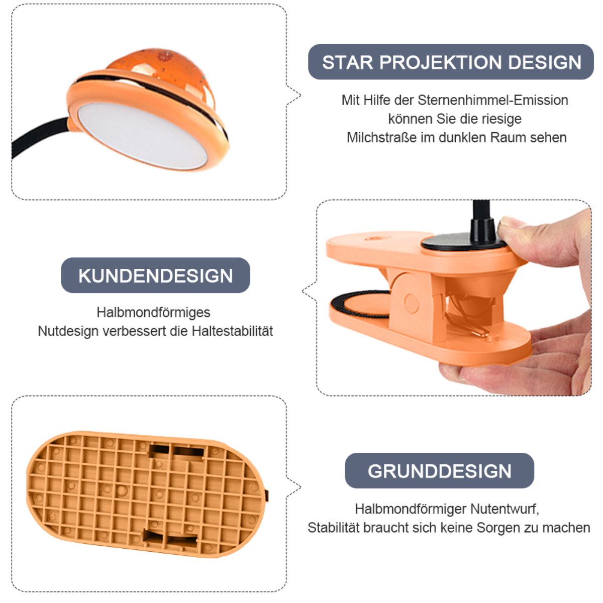 Eine Lampe mit Clip, die Details wie Sternprojektionsdesign und Kundendesign zeigt.
