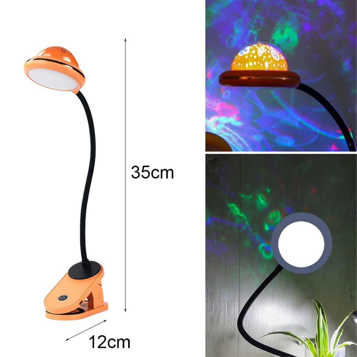 Eine Schreibtischlampe mit flexiblem Hals, orangefarbenem Sockel und Projektion an der Wand.