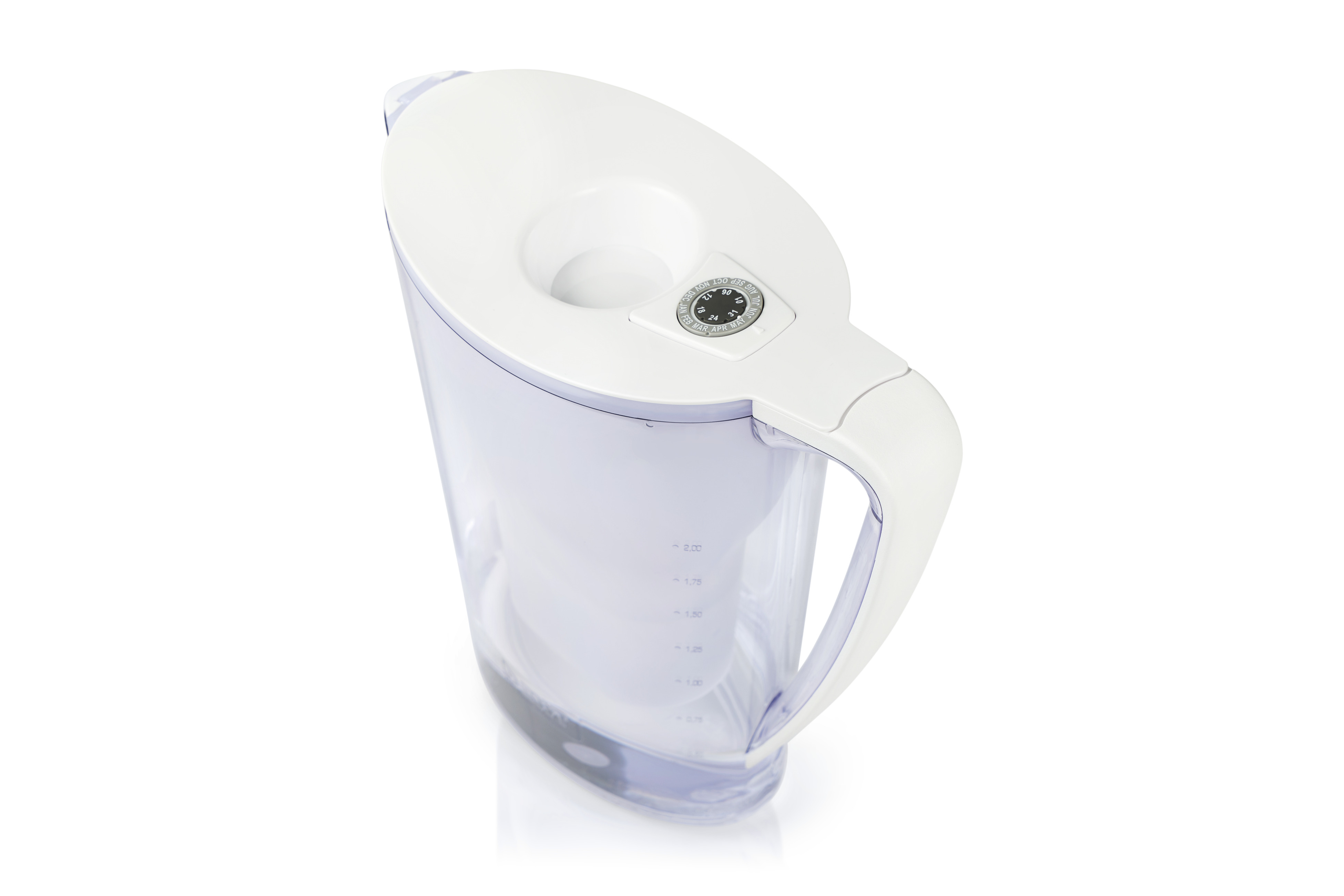 Przezroczysty dzbanek z filtrem wody z białą pokrywką. Dzbanek ma oznaczenia poziomu wody.