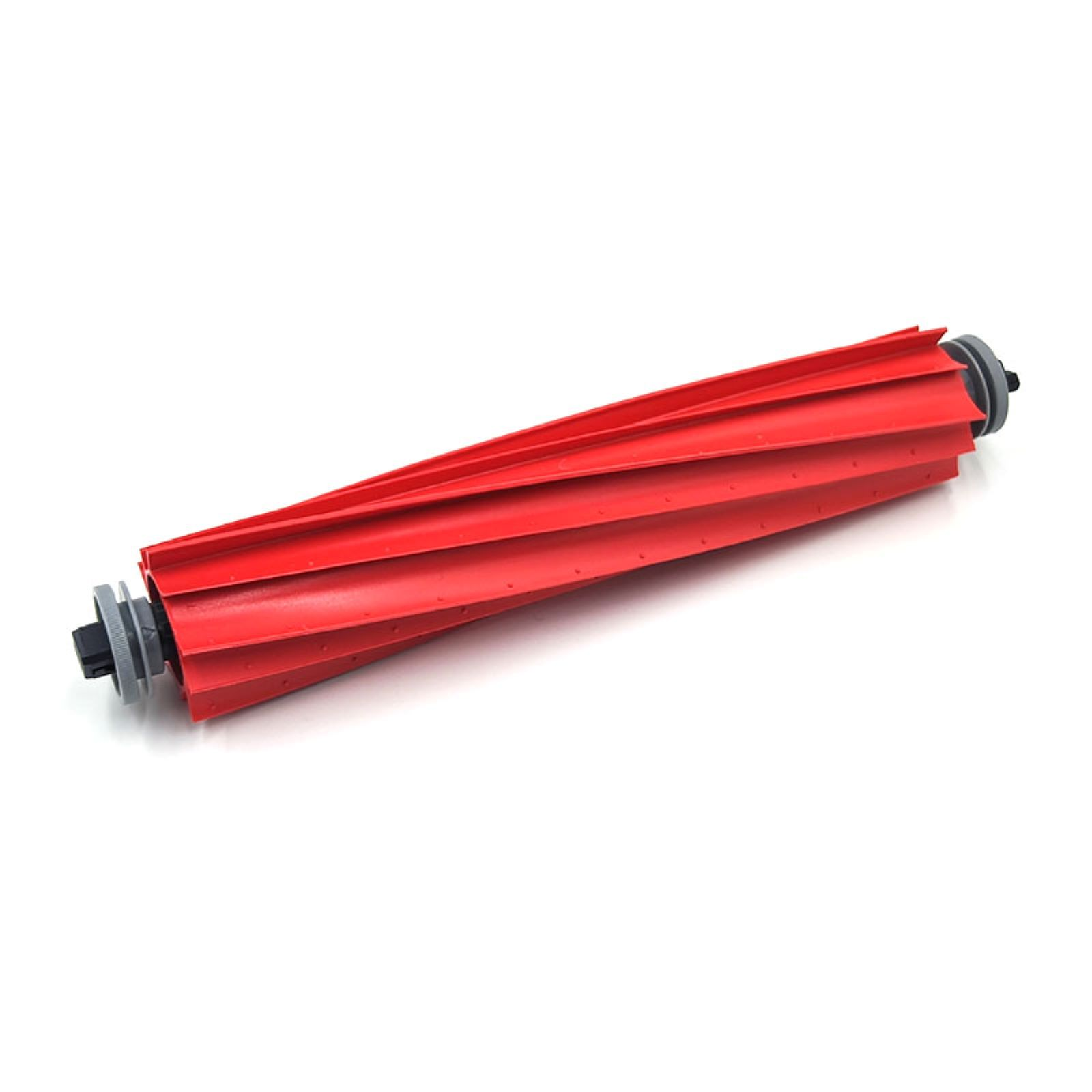 Eine rote, geriffelte Walzenbürste für einen Staubsauger, die auf einer weißen Oberfläche liegt.