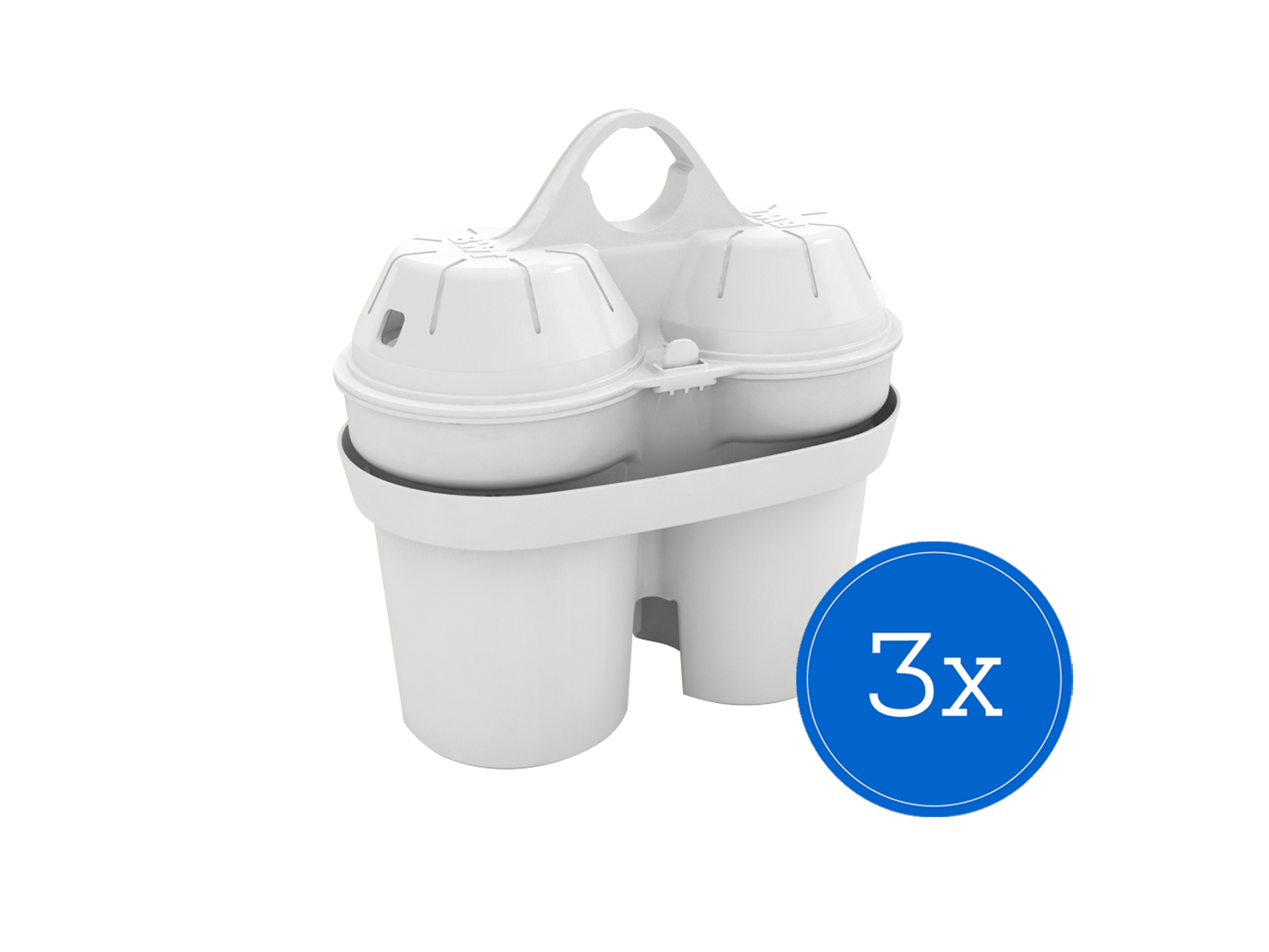 Białe wkłady filtrów wody w uchwycie, z niebieskim okręgiem 3x.