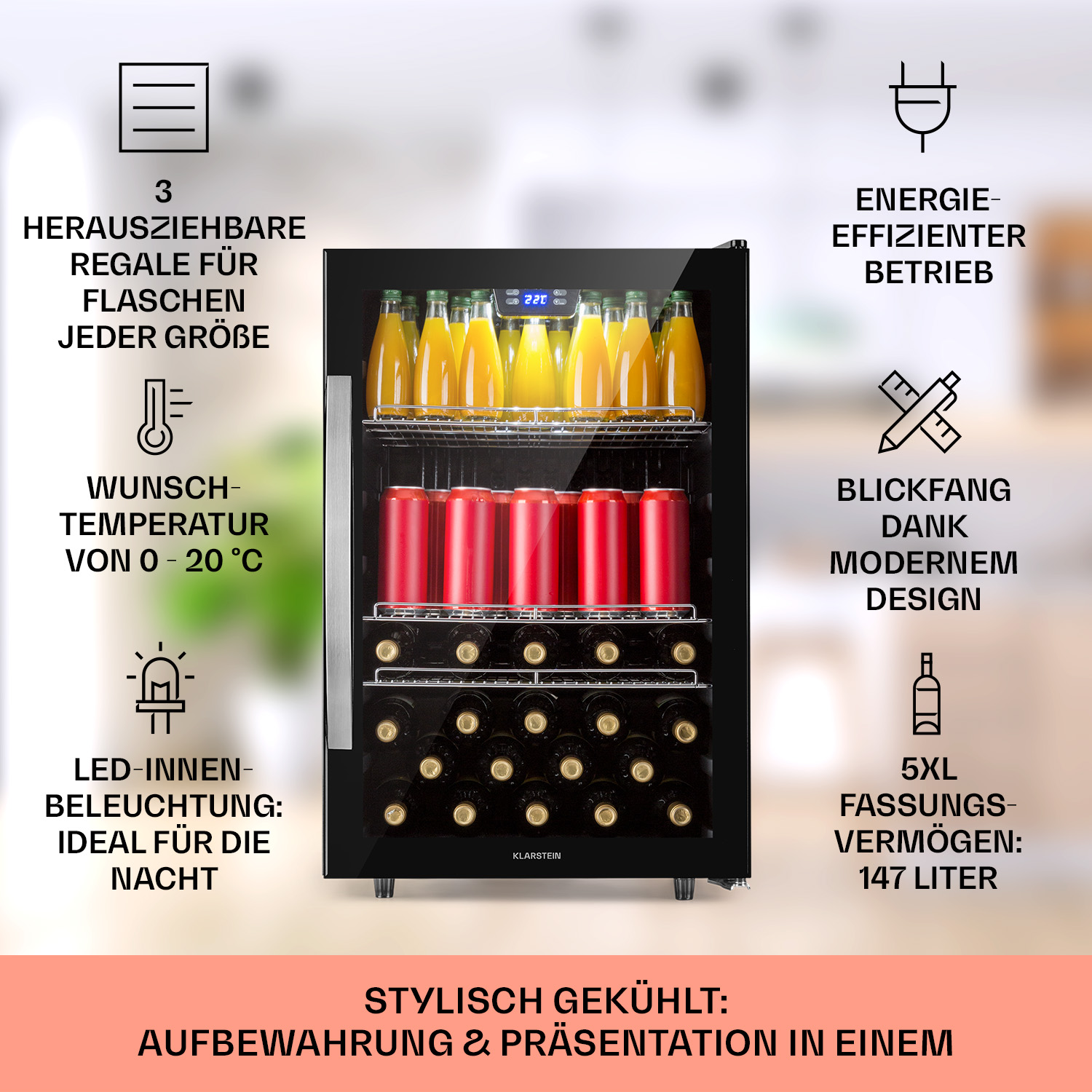 Ein Weinkühlschrank mit Flaschen und Dosen. Informationen zum Kühlschrank werden angezeigt.