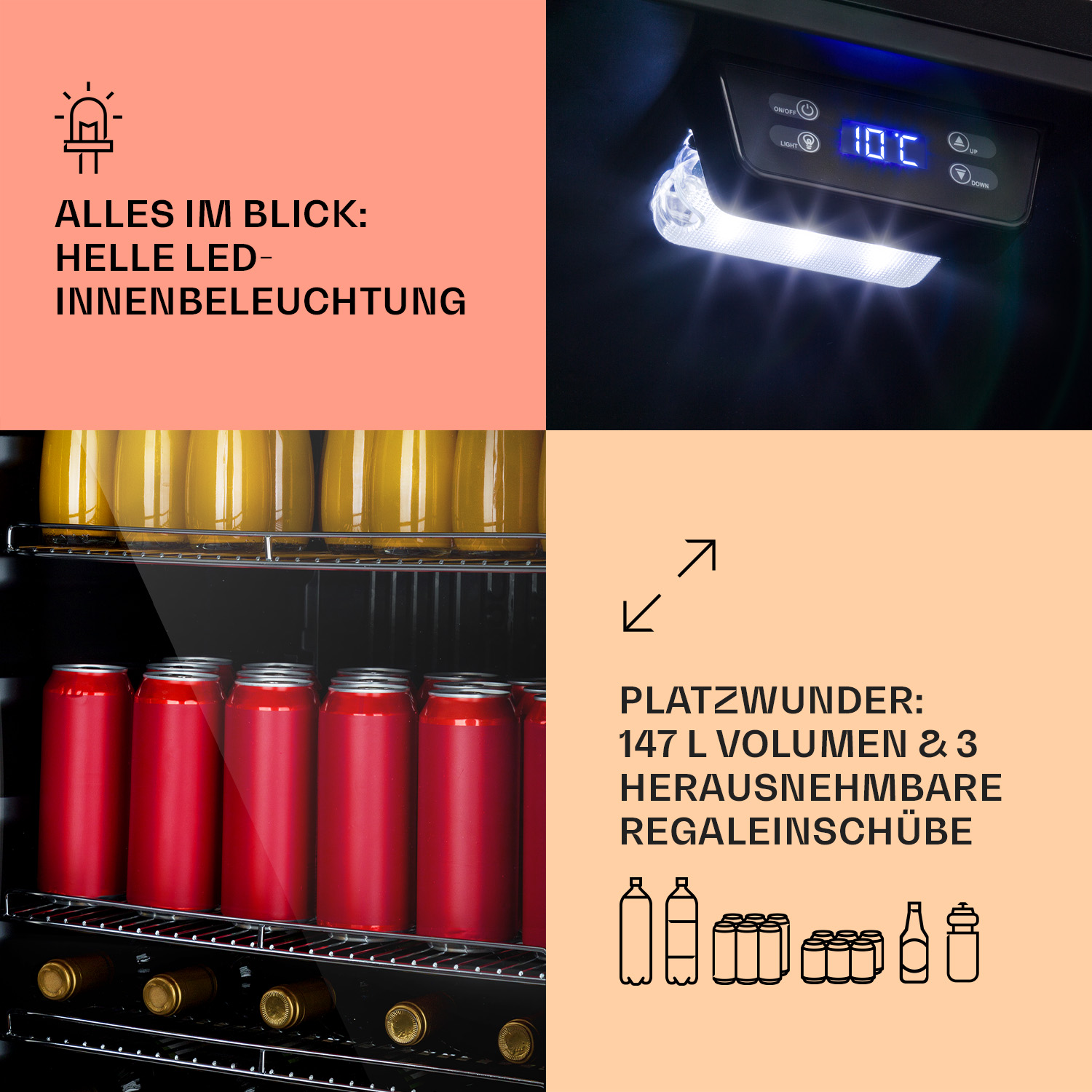 Eine Collage, die einen Mini-Kühlschrank mit roten Dosen, Flaschen und Lebensmitteln und einem Licht zeigt.