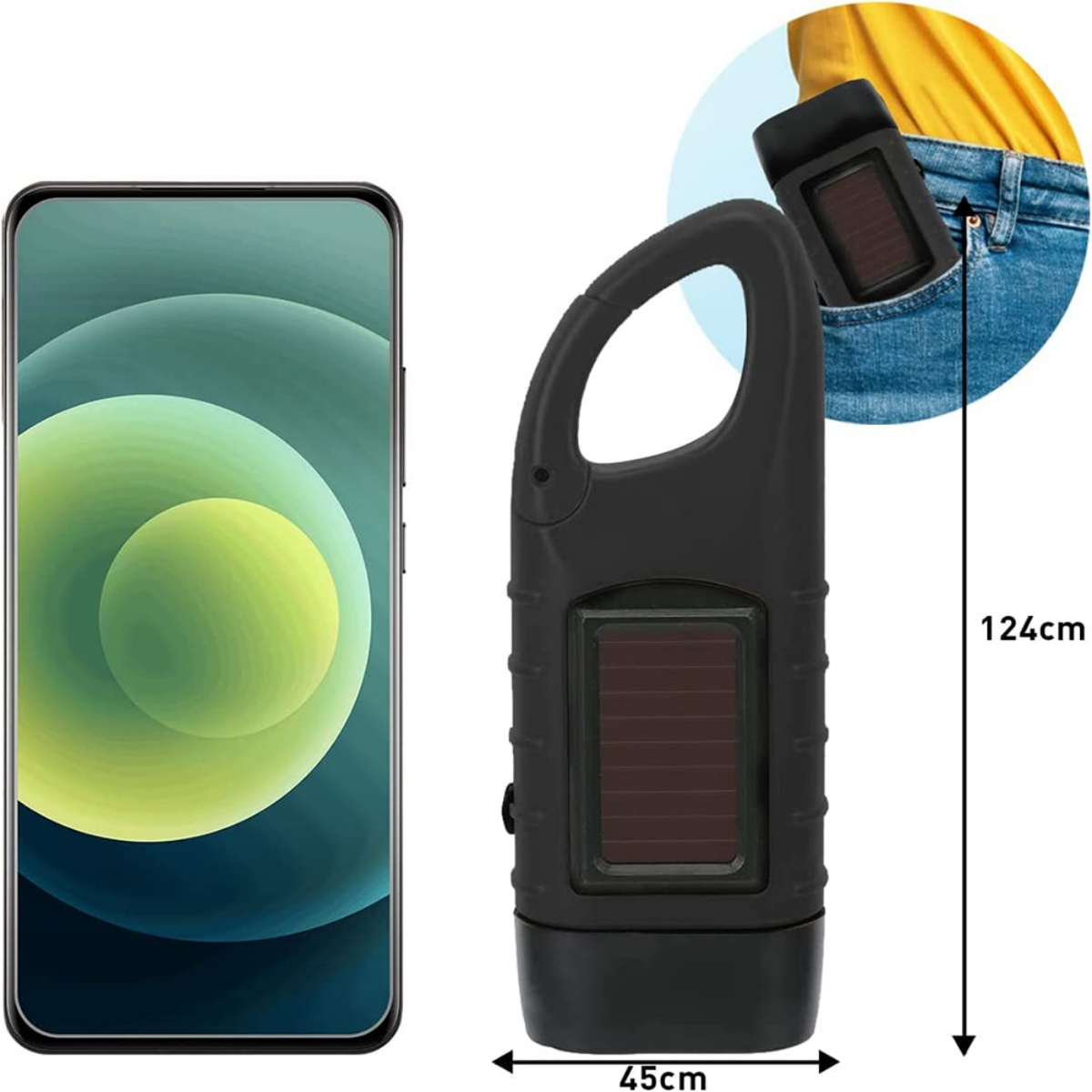 Schwarze Taschenlampe mit Griff und Solarpanel. Ein Telefon daneben, mit Abmessungen.
