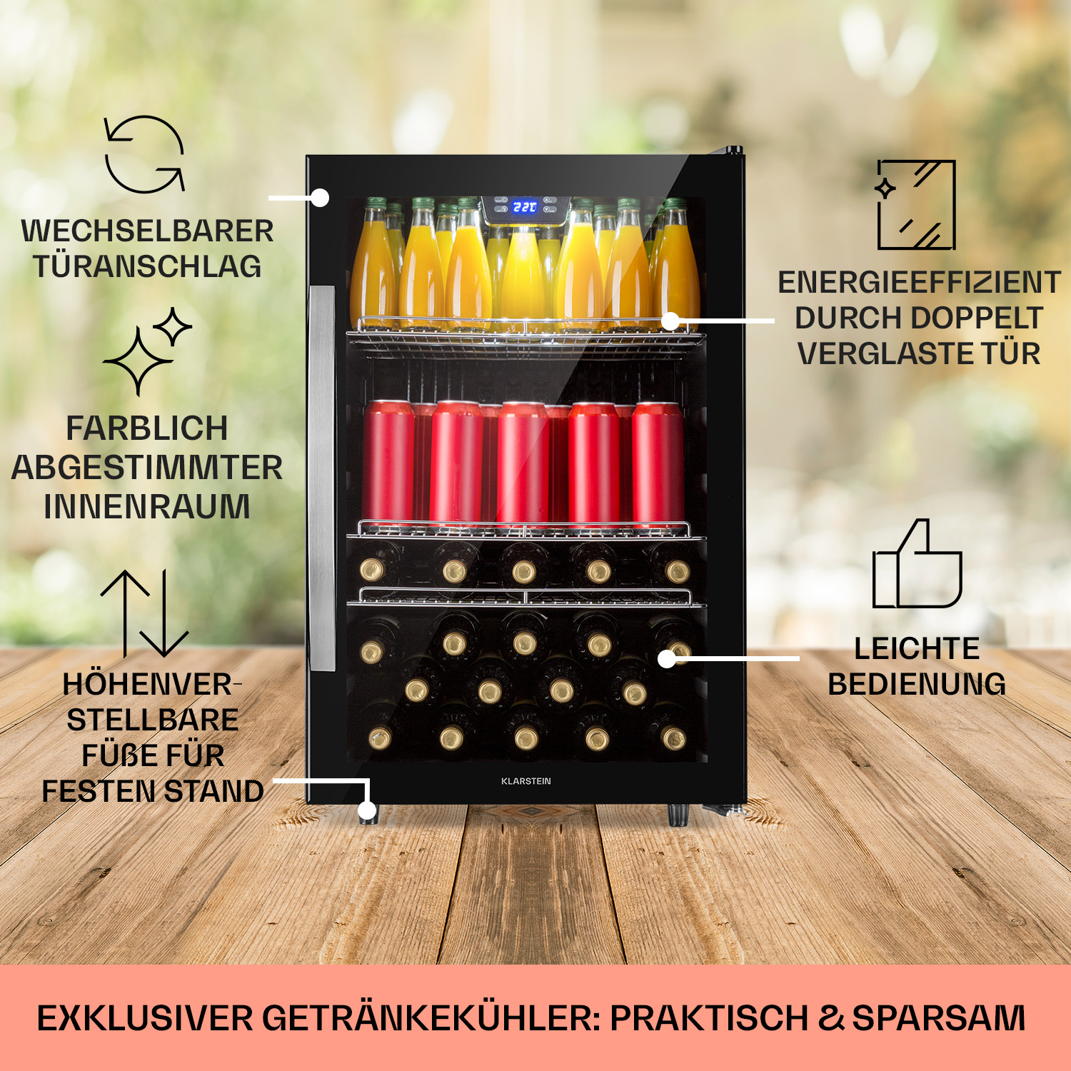 Schwarzer Getränkekühler mit Getränken und Informationsetiketten. Innenraum mit Flaschen und Dosen.