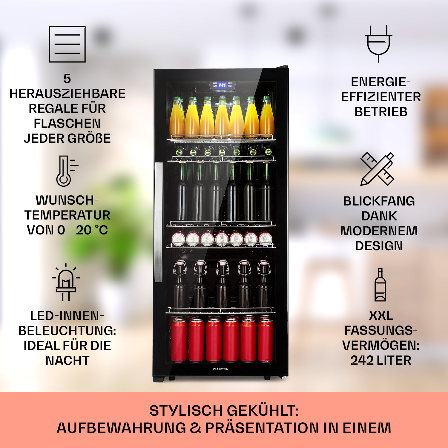 Una vinoteca negra con botellas, latas y detalles del producto en un entorno bien iluminado.