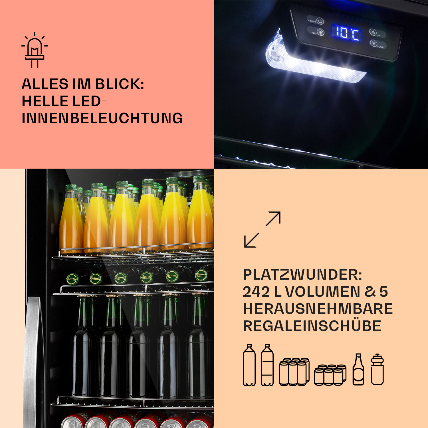 Interior de nevera con bebidas e iluminación LED, con texto en alemán.