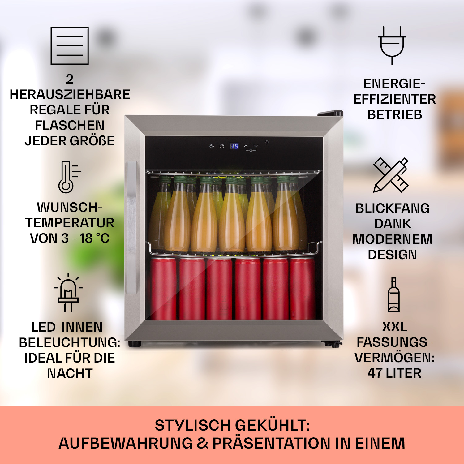 Un piccolo frigorifero in acciaio inox con bevande all'interno e testo in tedesco.