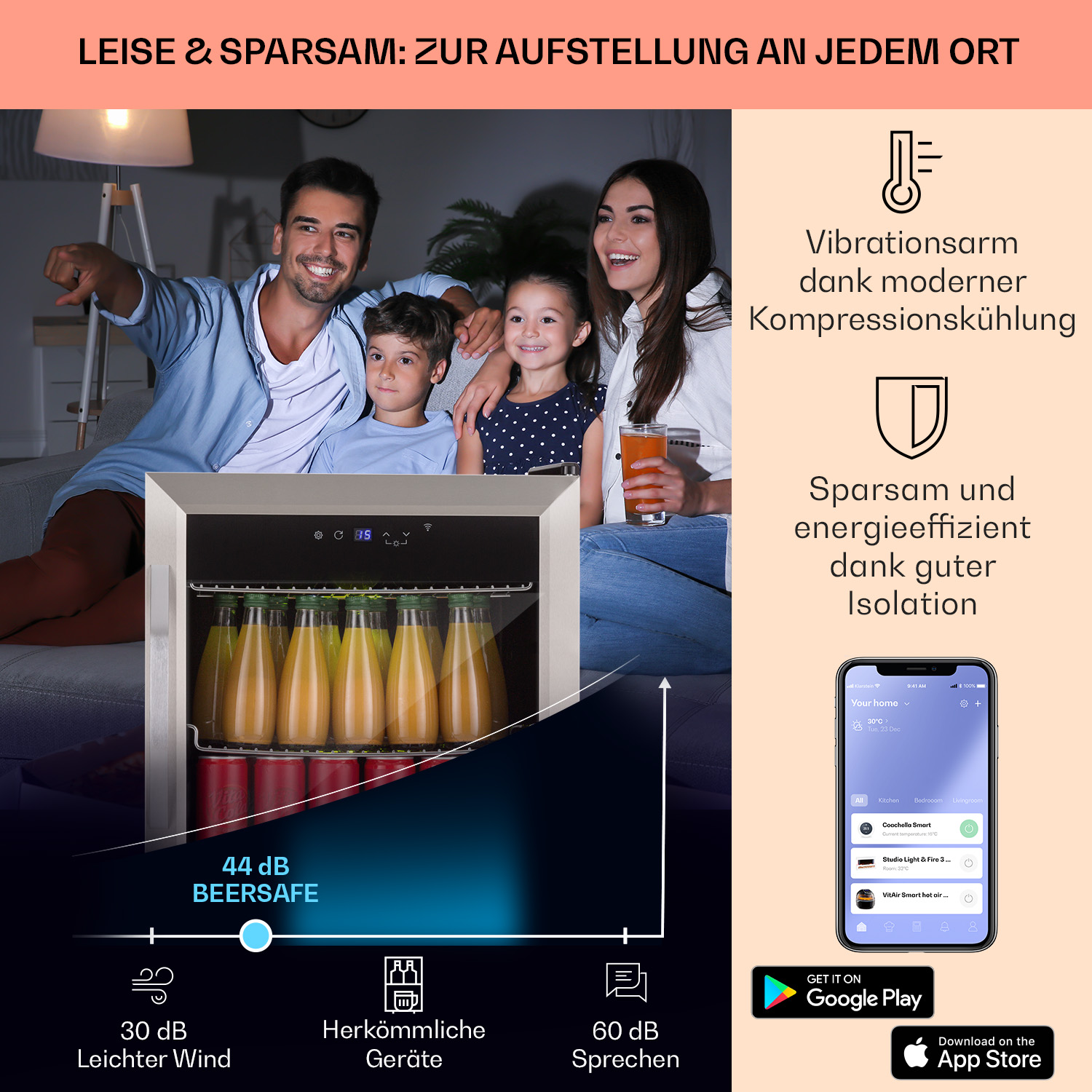 Famiglia che beve da un mini-frigo. Testo: silenzioso, efficiente e app intelligente.