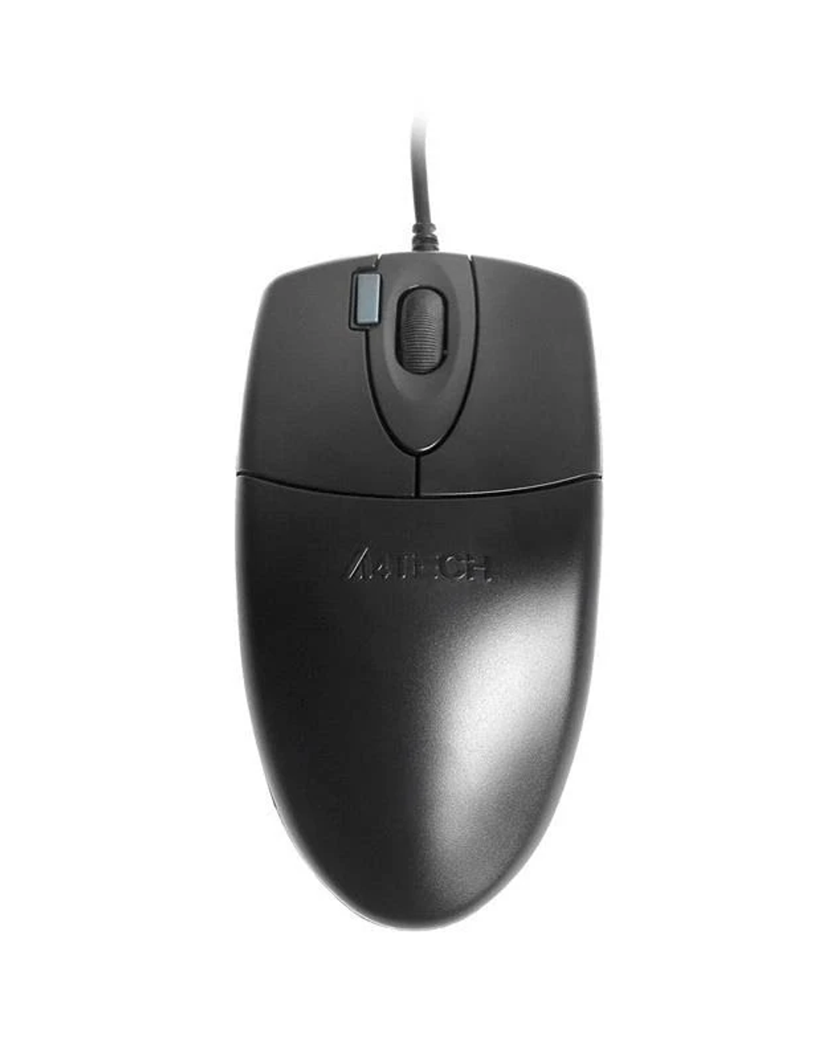 Czarna mysz komputerowa z kółkiem przewijania i dwoma przyciskami na białym tle.