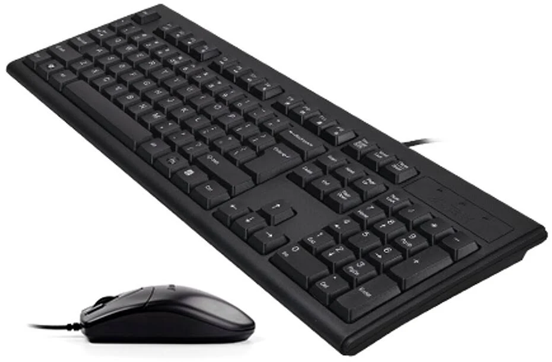 Czarna klawiatura i mysz umieszczone razem. Klawiatura w tle, mysz z przodu.