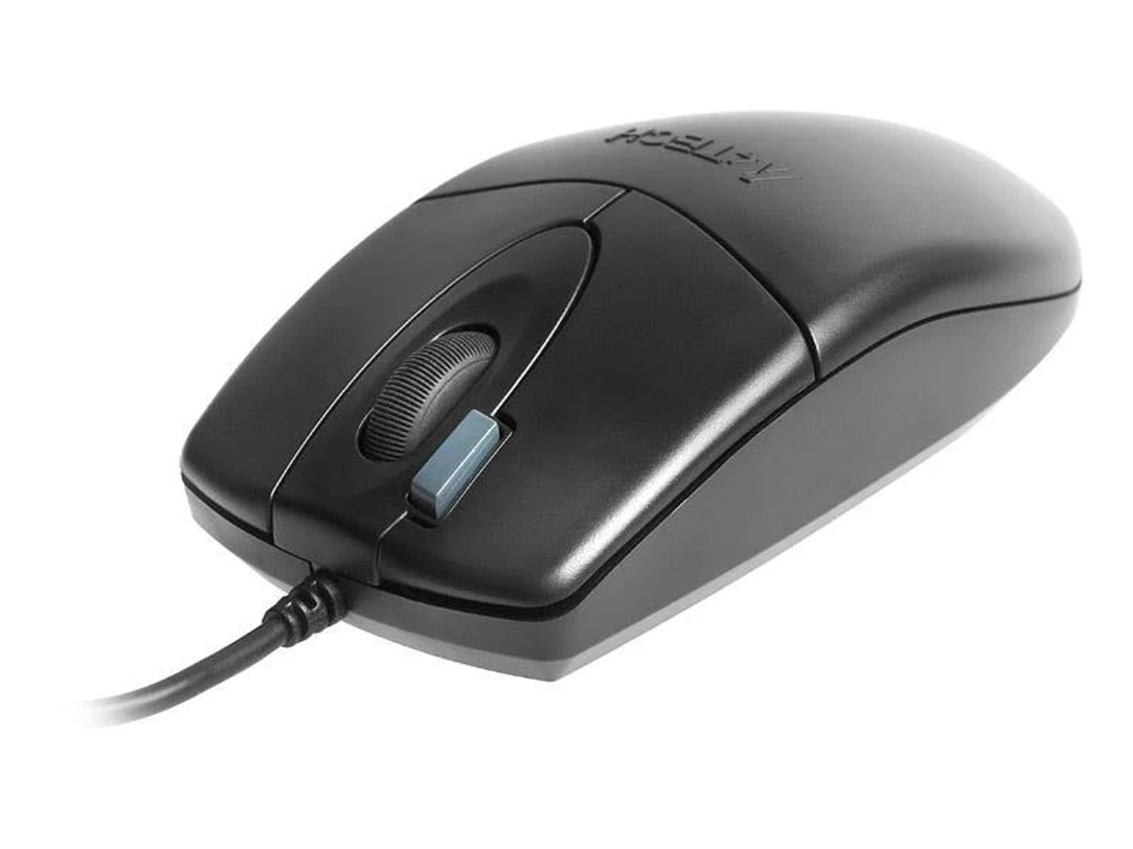 Czarna mysz. Mysz ma kółko przewijania i niebieski przycisk z boku.