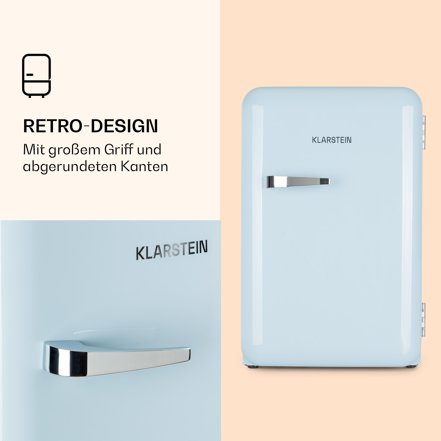 Frigorifero dal design retrò azzurro con maniglia e bordi arrotondati. Il logo Klarstein è visibile.