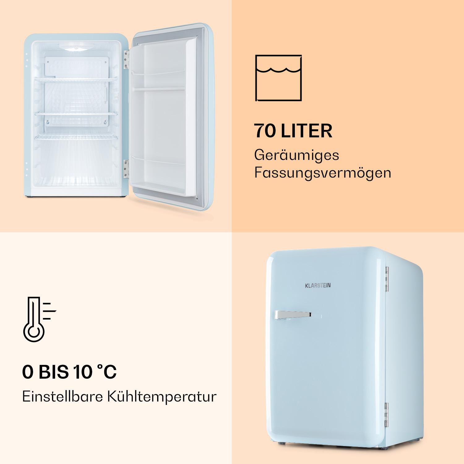 Mini frigo, azzurro chiaro, con porta aperta e testo sulla capacità.